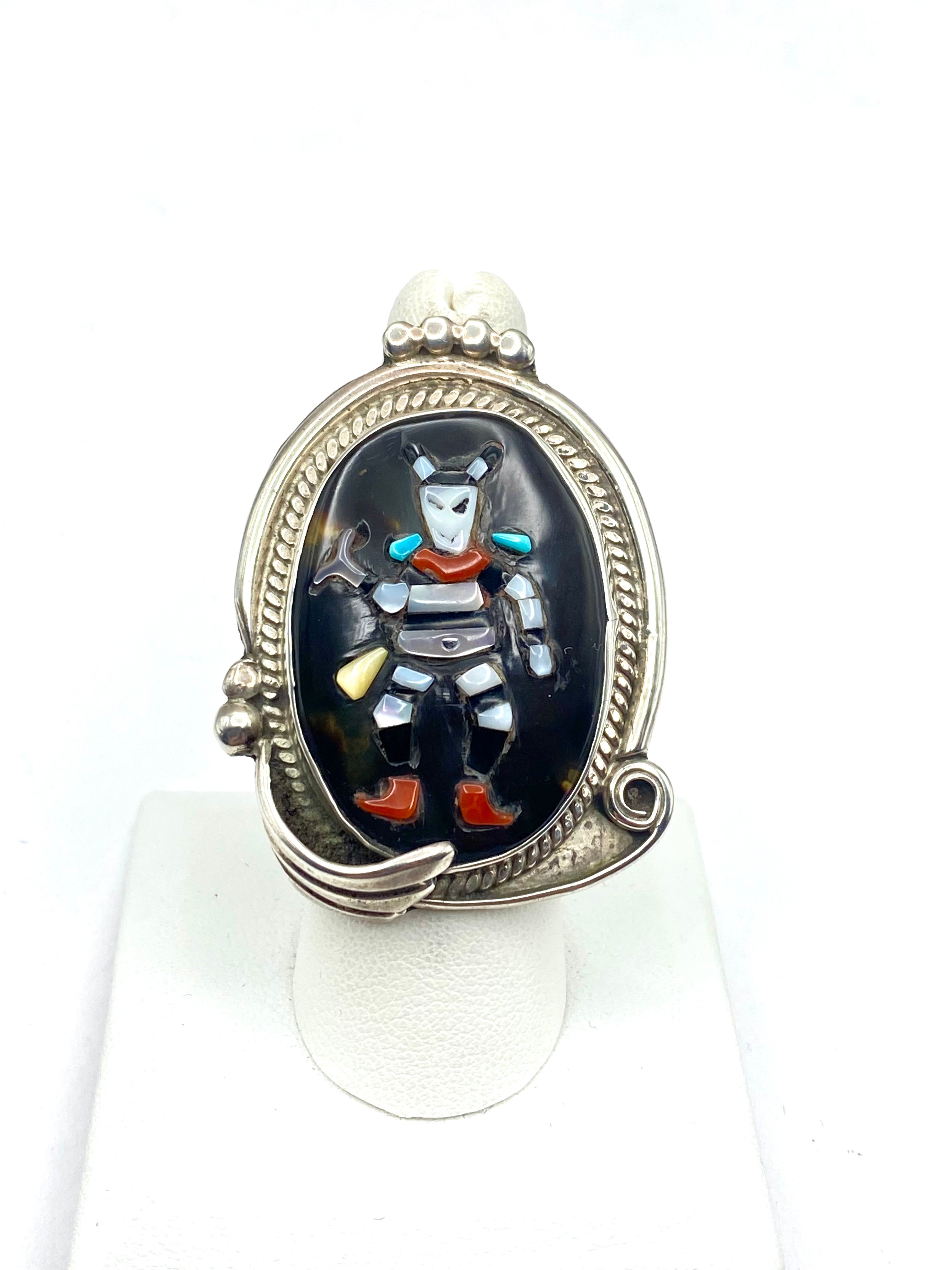 VTG Zuni Inlay Clown Kachina Ring Sterling Turquoise Shell Size 7.5 A&R Pinto