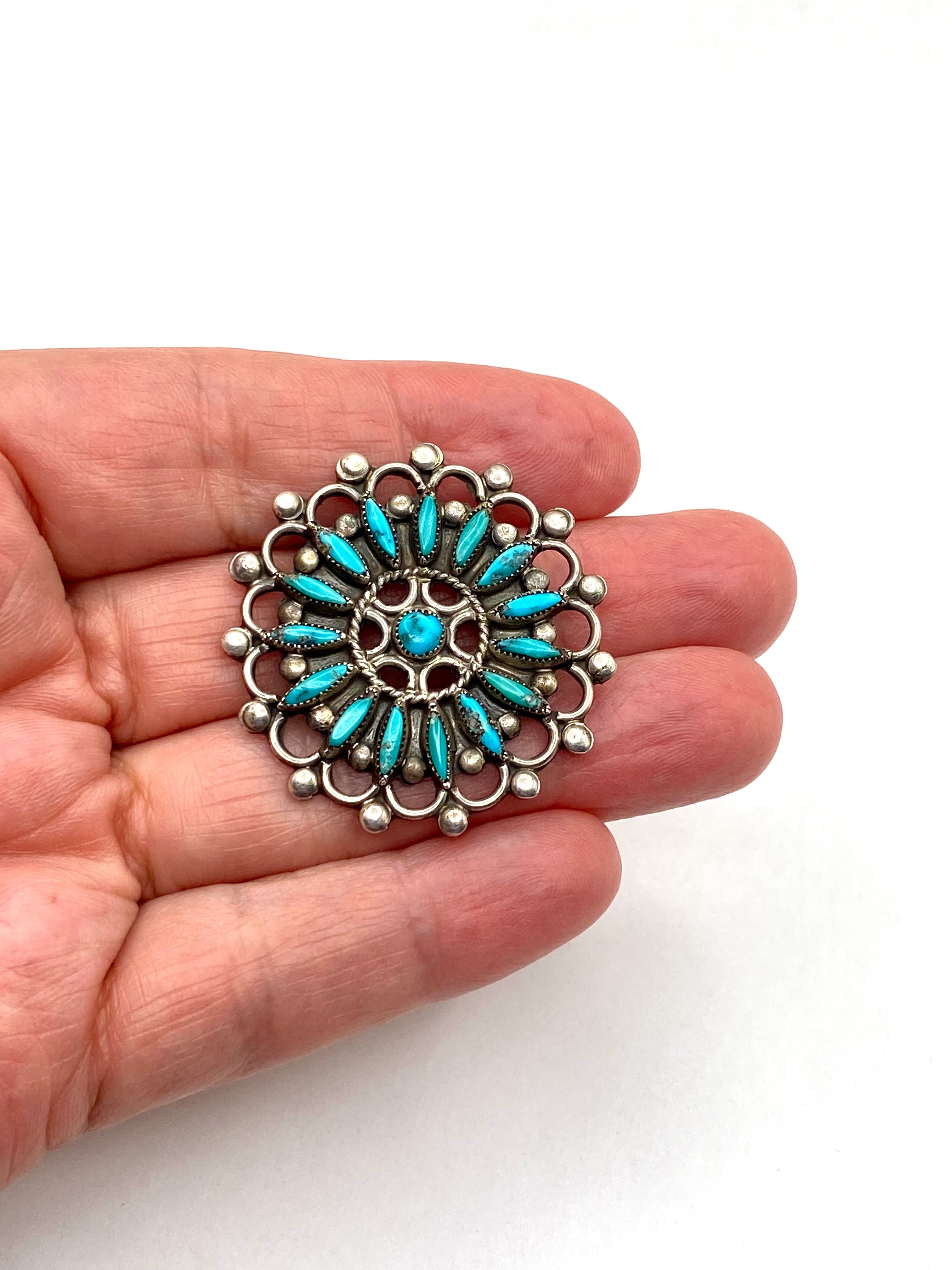 VTG Zuni Needlepoint Turquoise Silver Pin Brooch Native American ca. 1960s