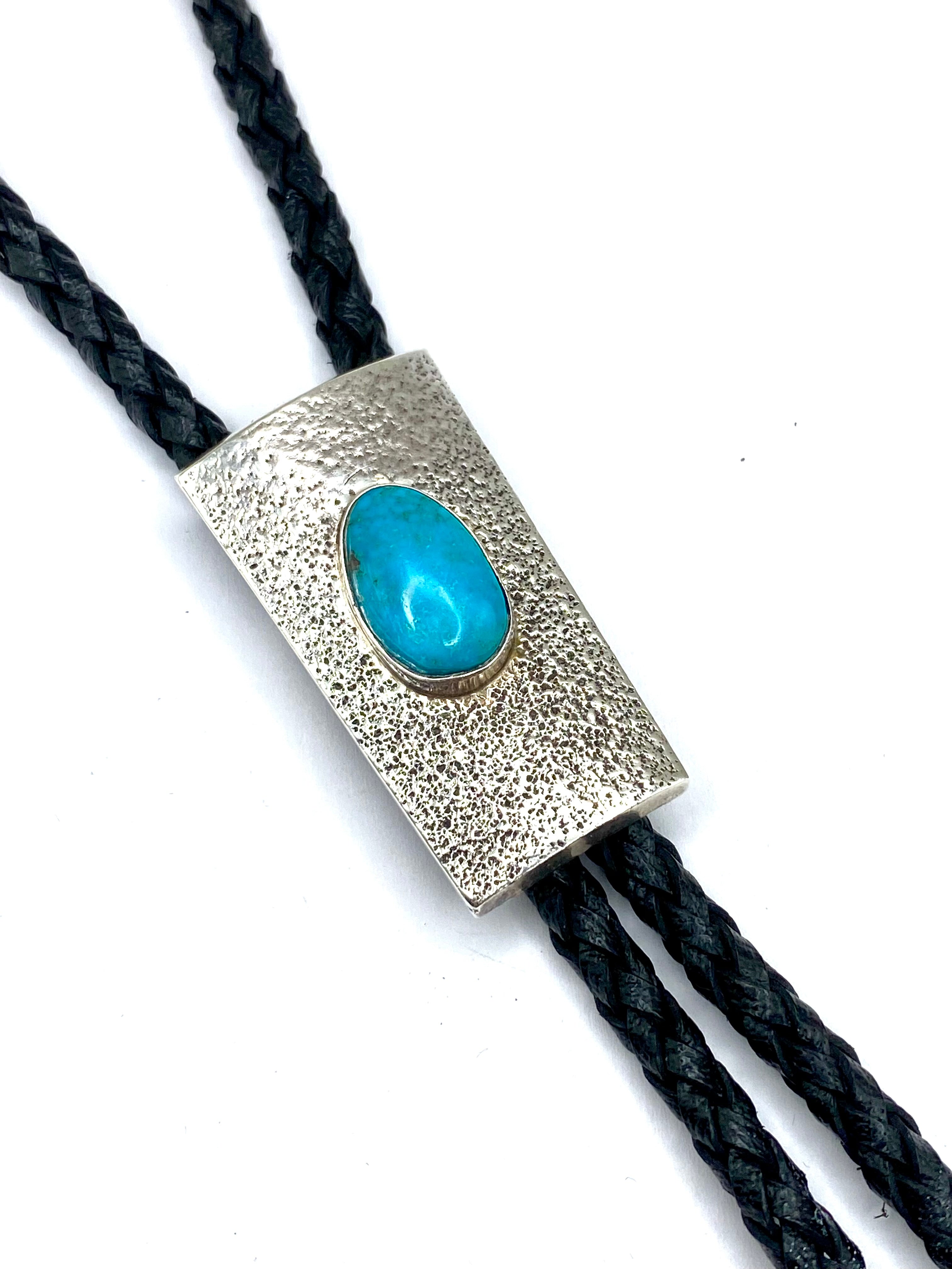 Sterling Silver Tufa Cast Turquoise Bolo Tie Heavy Gauge Native American
