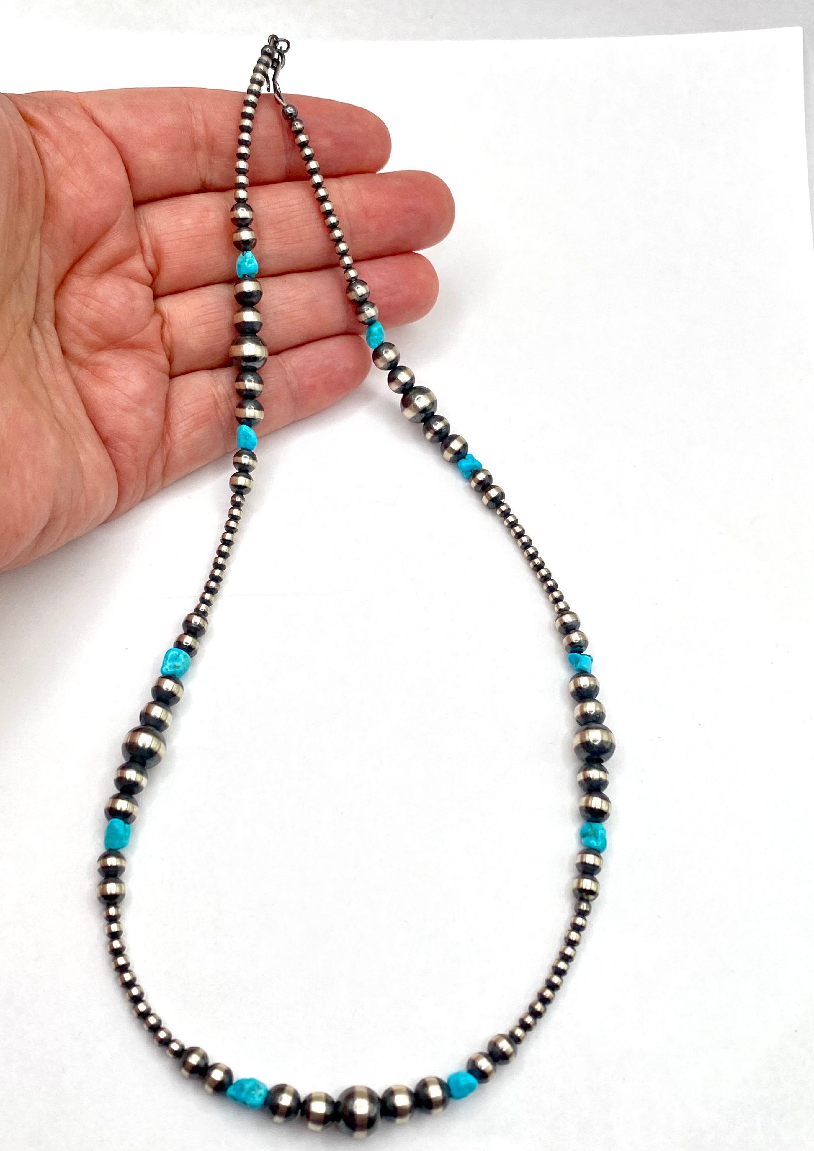 Graduated Sterling Bead Necklace Turquoise Nuggets 20" Native American New