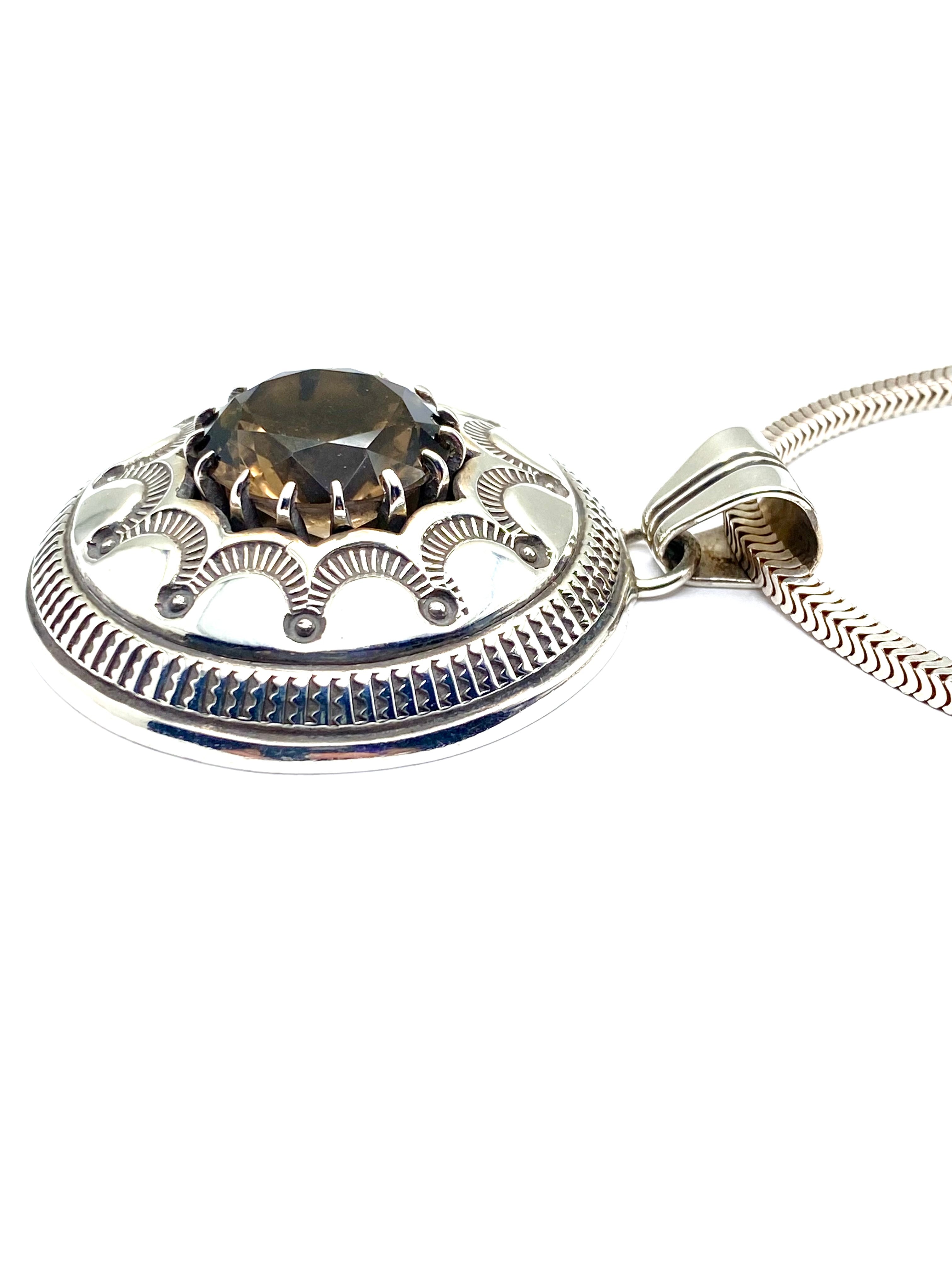 VTG Sterling Stamped Round Pendant Smoky Topaz Native American Signed