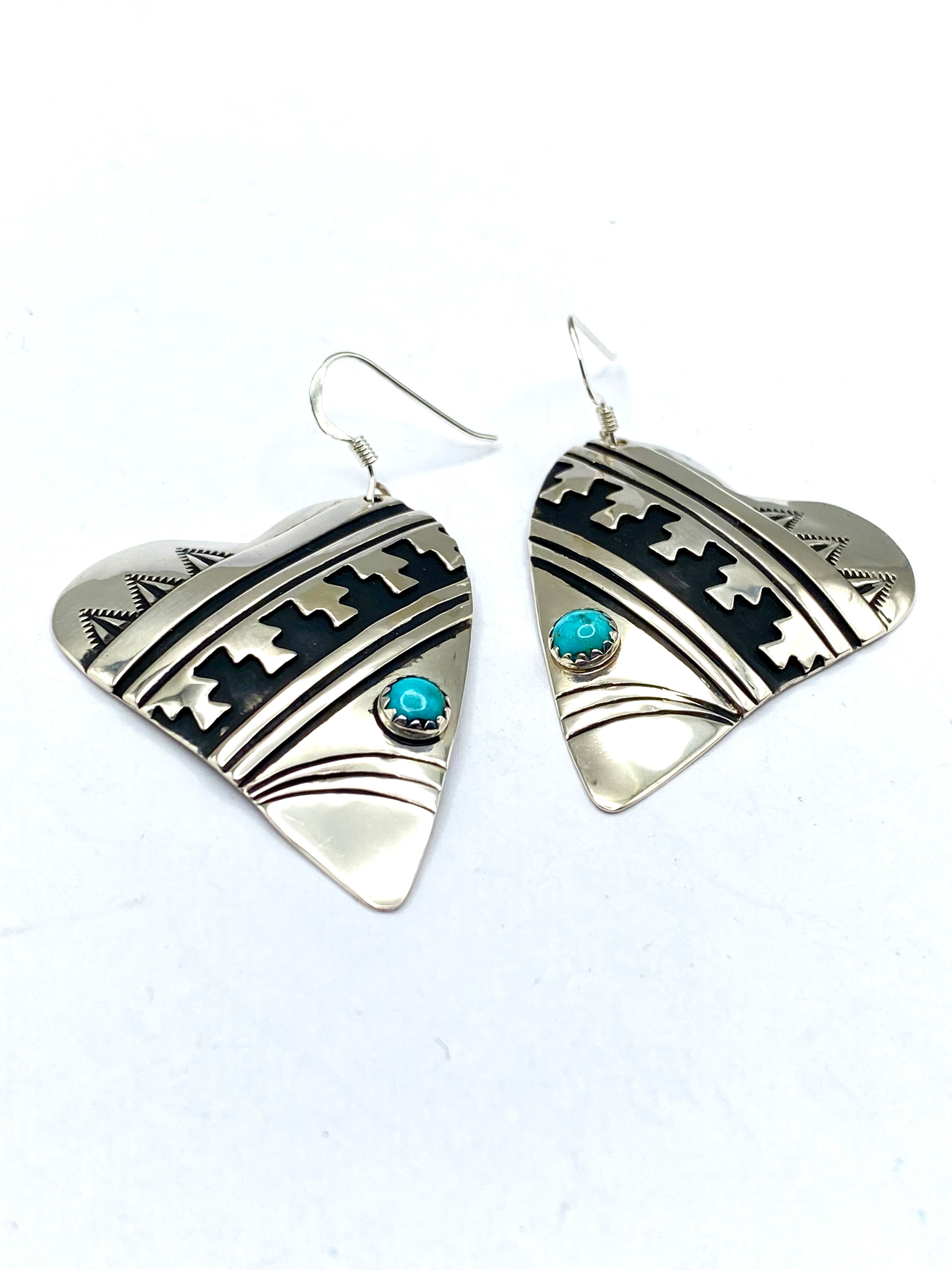 Sterling Overlay Heart Shaped Earrings Snake Eye Turquoise T&R Singer Navajo