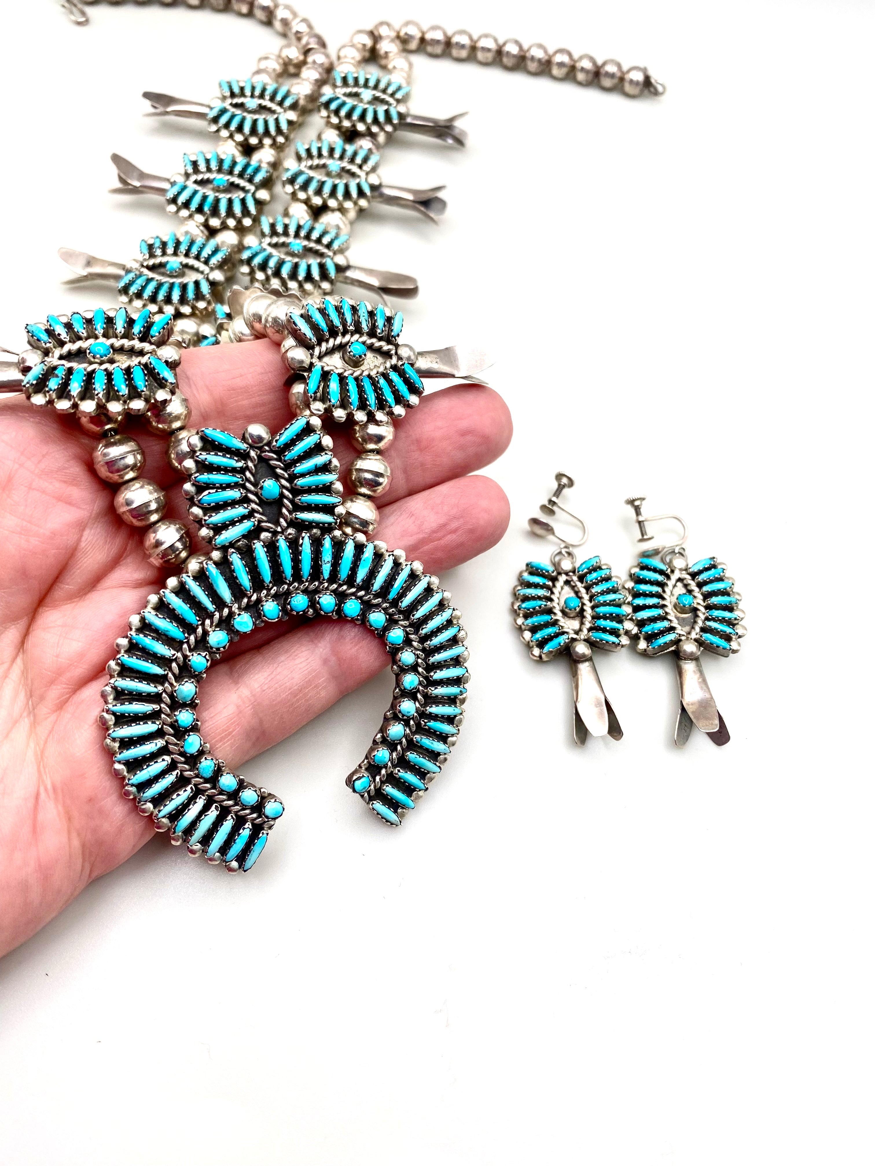 VTG Zuni Needlepoint Turquoise Squash Blossom Necklace Earring Set c. 1960s