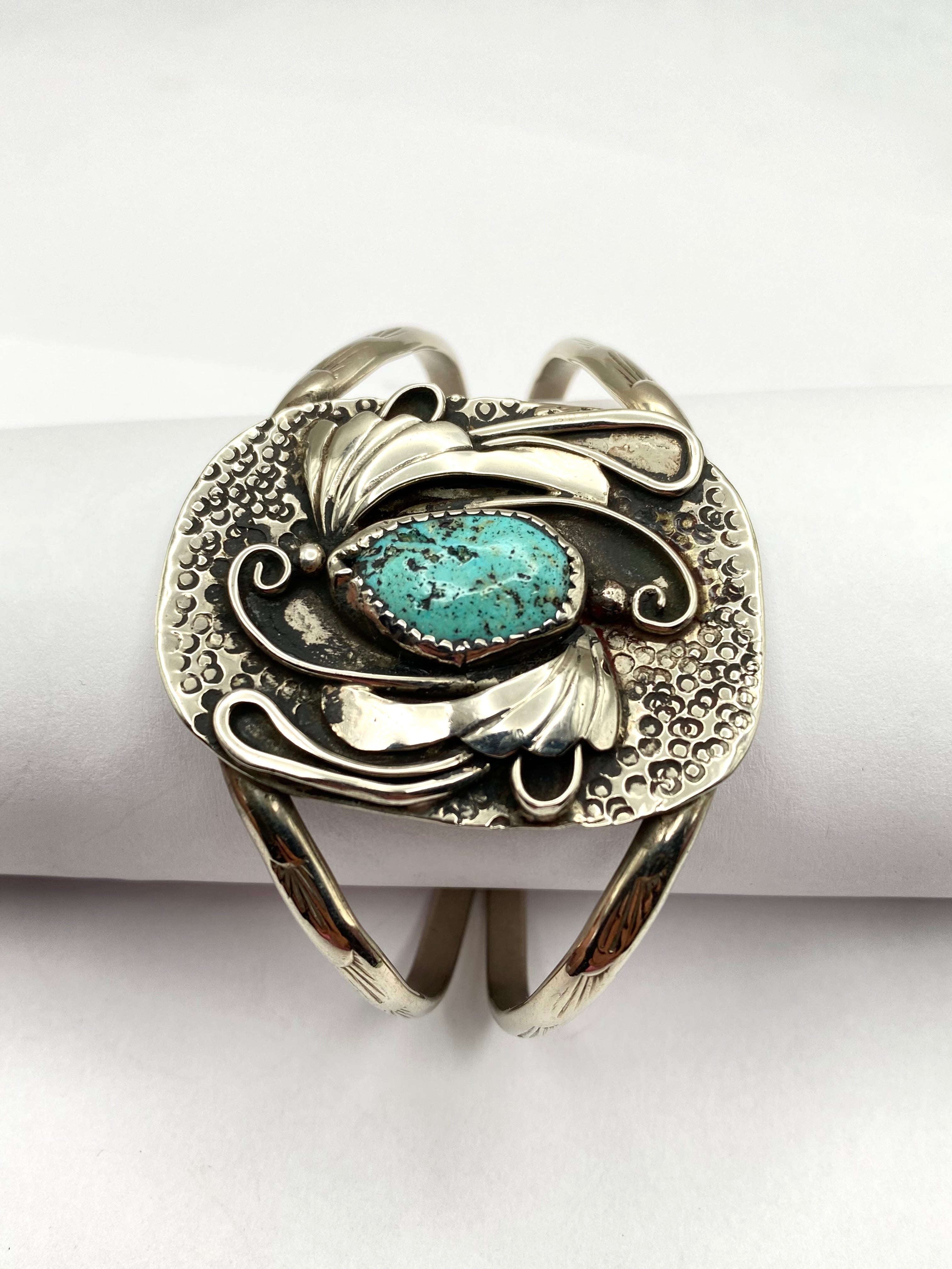 VTG Sterling Turquoise Bracelet 2-Rail Leaf Applique Lightweight Native American