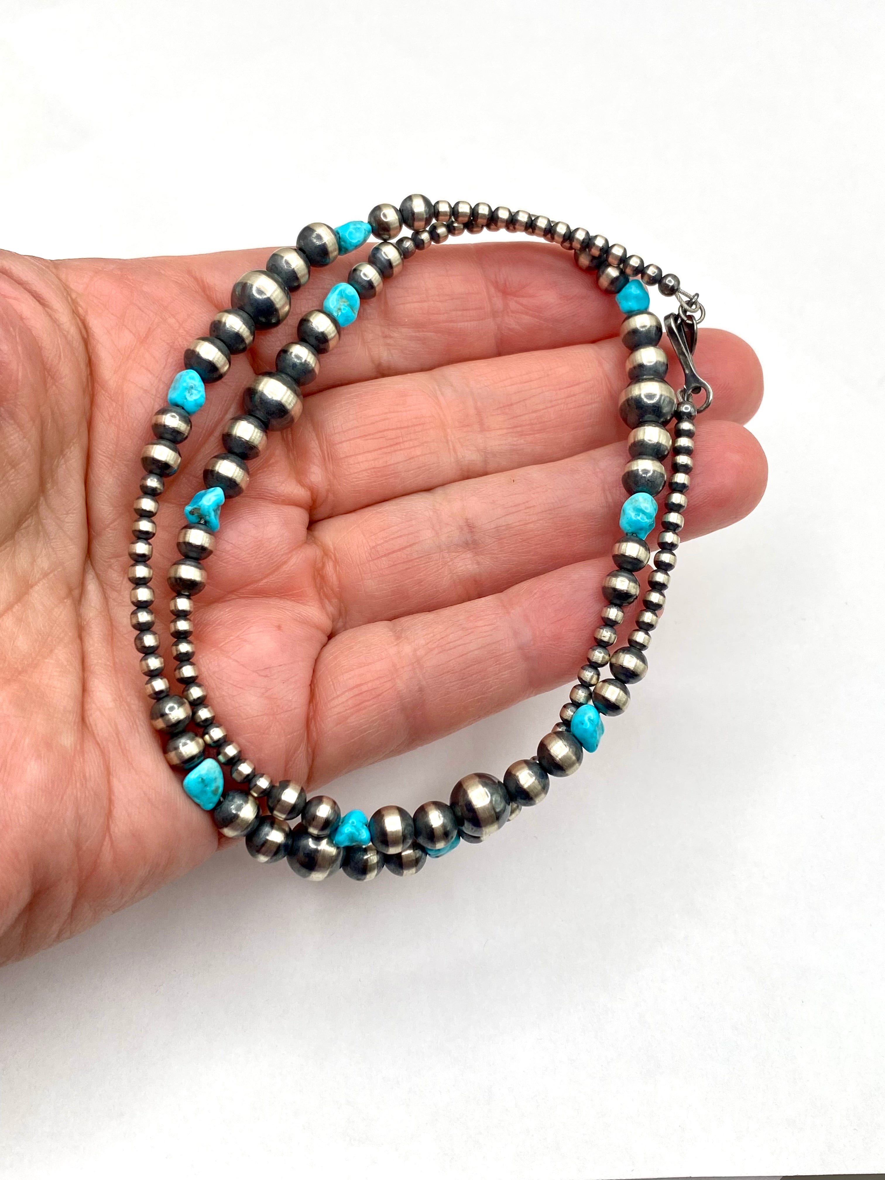 Graduated Sterling Bead Necklace Turquoise Nuggets 20" Native American New