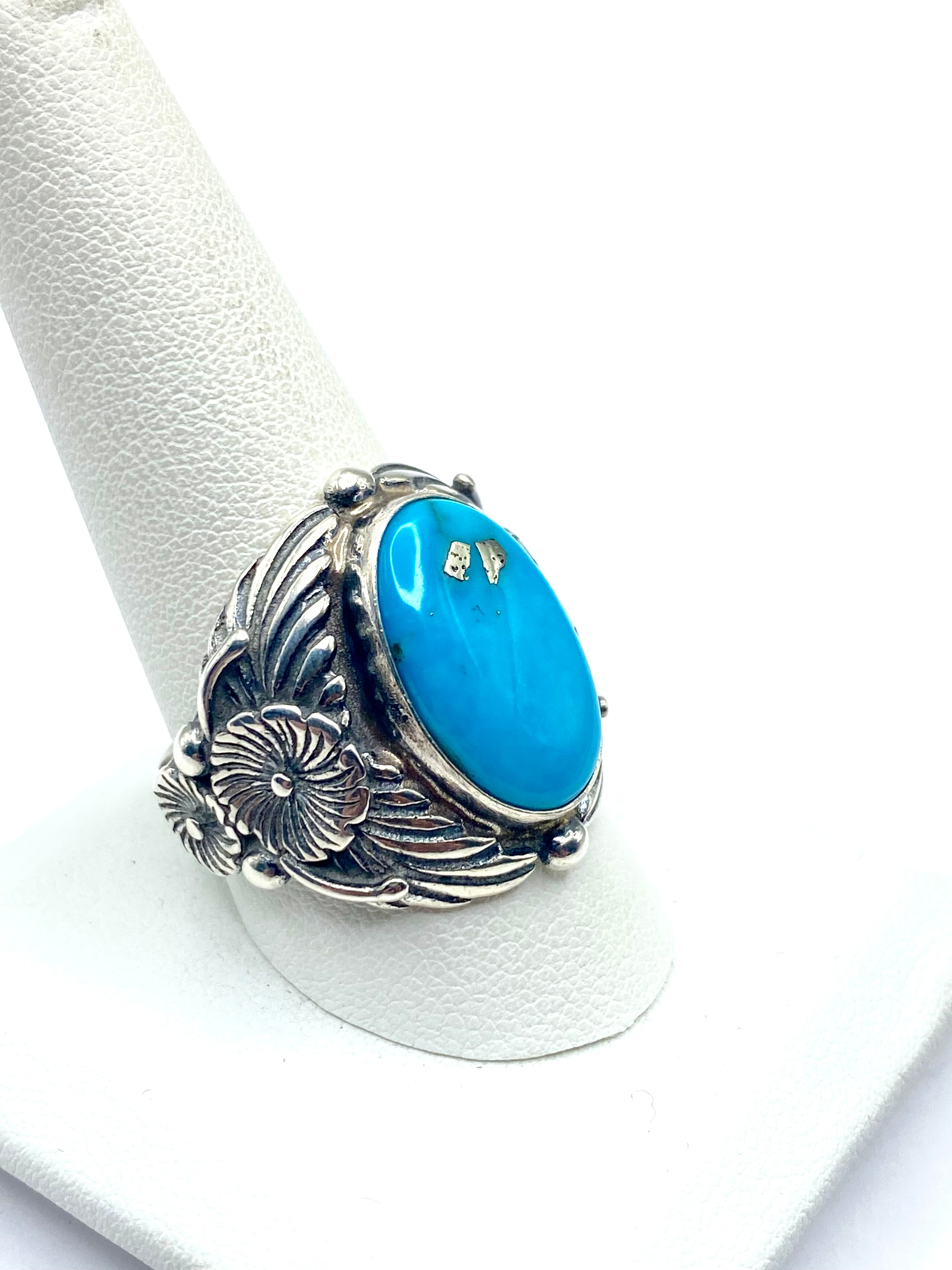 Sterling Turquoise Ring Wide Shank Size 10.75 Heavy Gauge Native American Signed