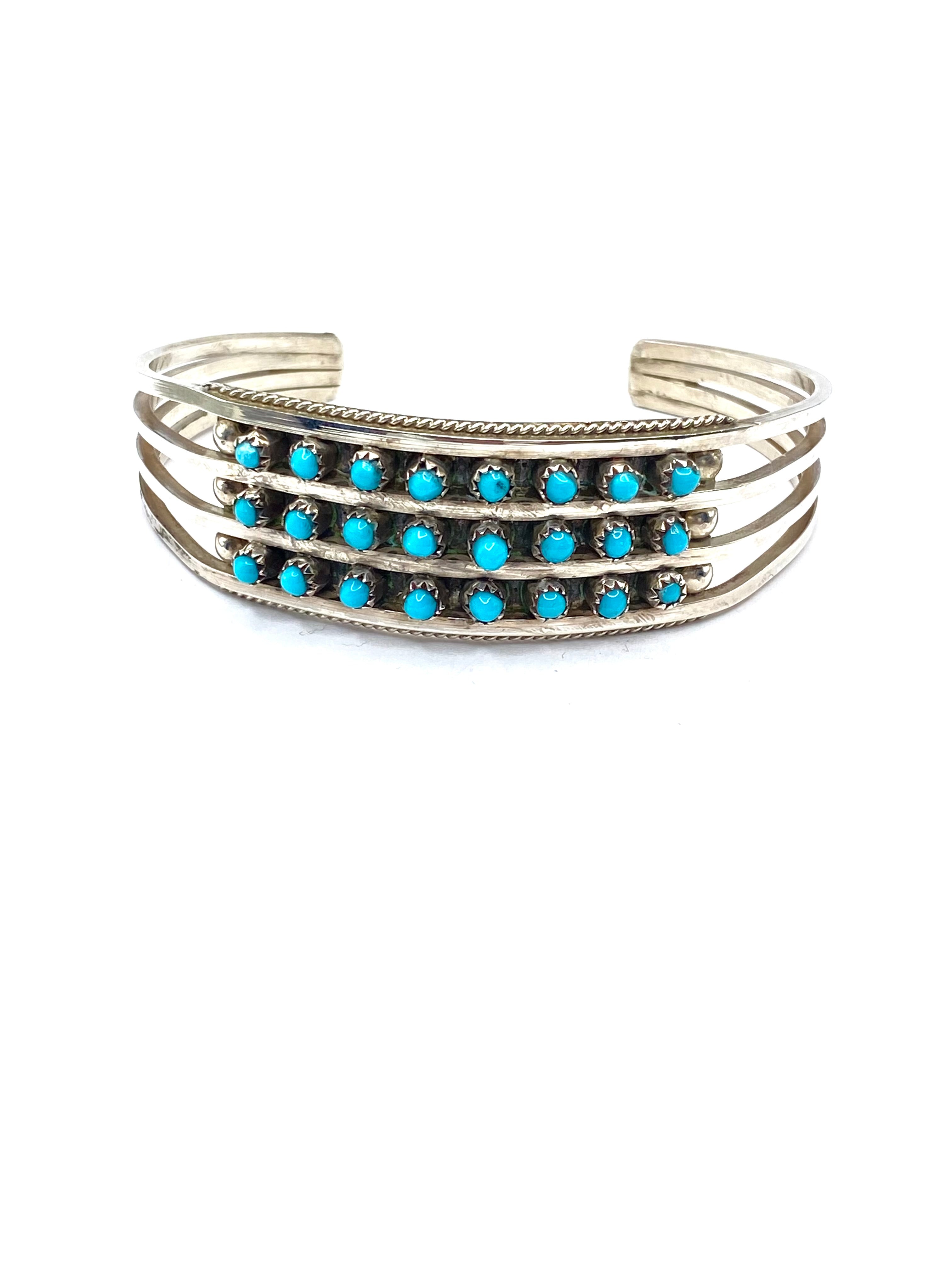 Sterling 4-Rail Bracelet Petite Turquoise 3-Row Zuni Native American Signed