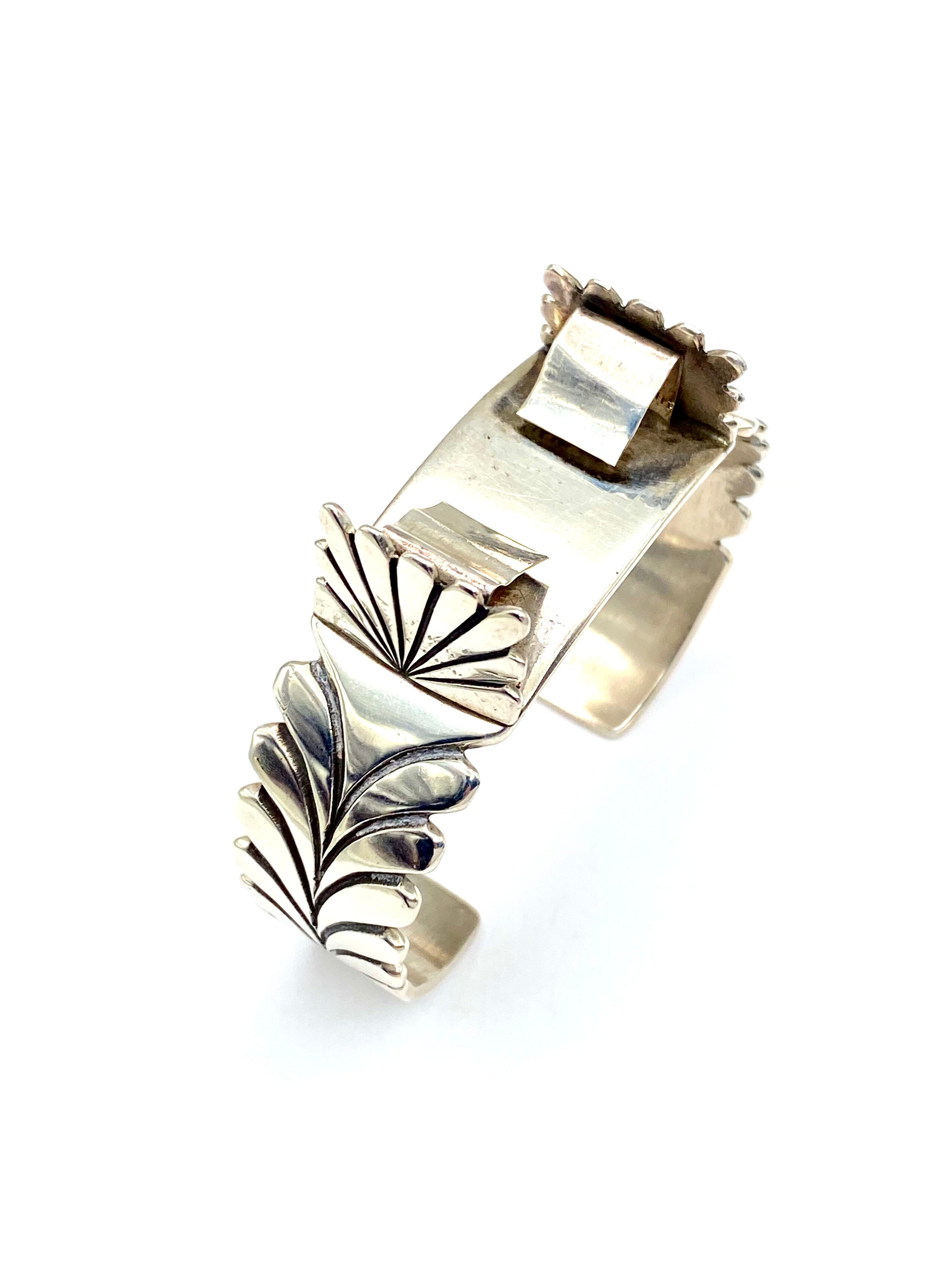 VTG Sterling Silver Cuff Watch Band Leaf Fan Stamp Work Navajo Steve Yellowhorse