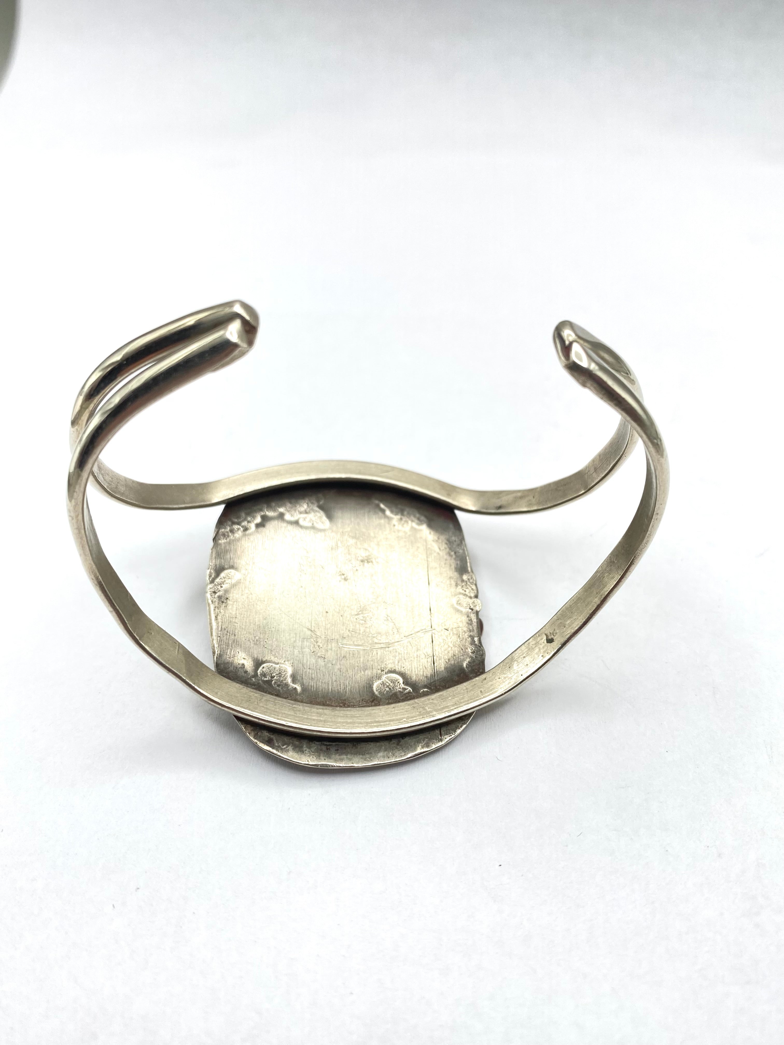 VTG Sterling Turquoise Bracelet 2-Rail Leaf Applique Lightweight Native American