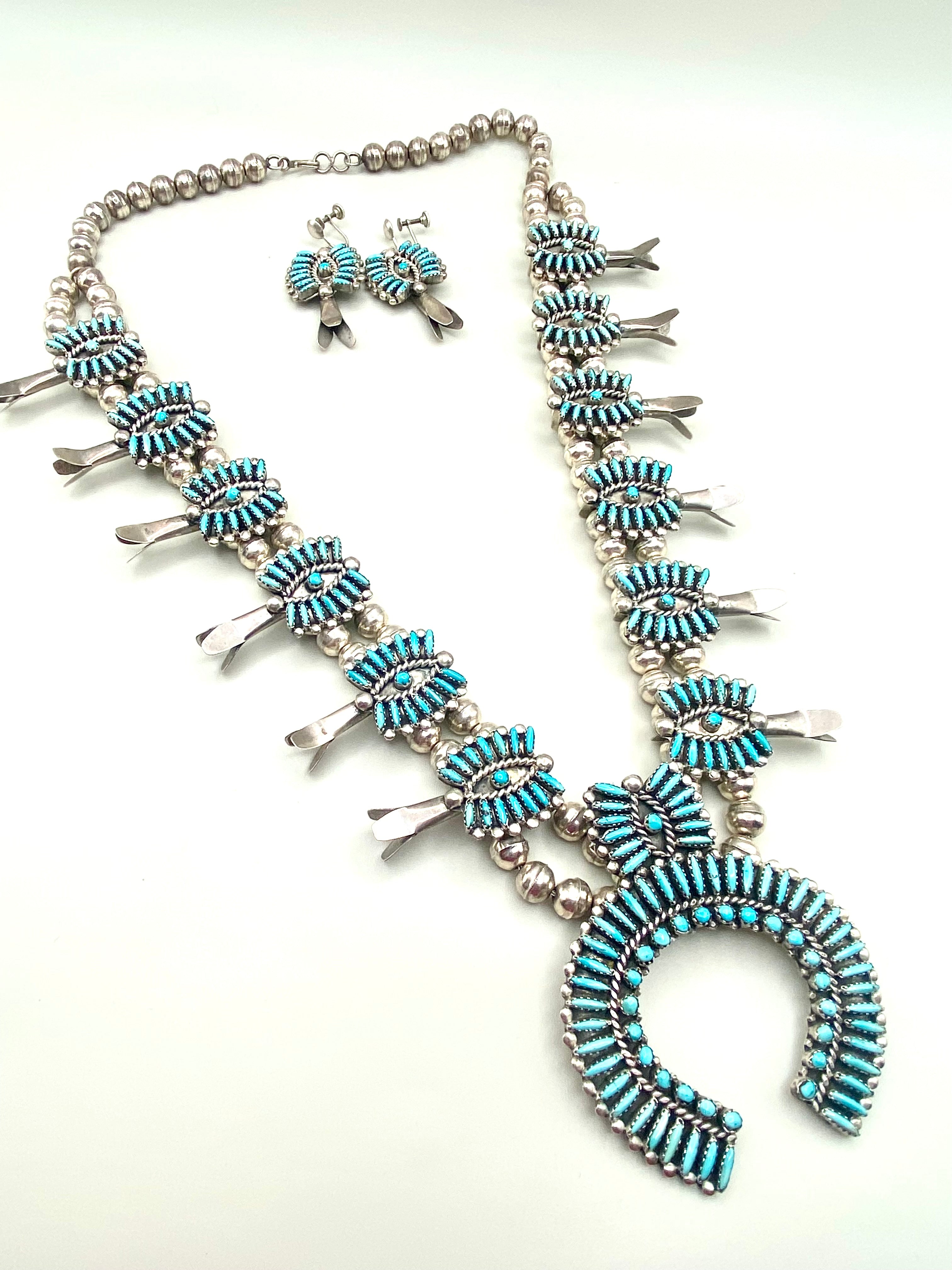 VTG Zuni Needlepoint Turquoise Squash Blossom Necklace Earring Set c. 1960s