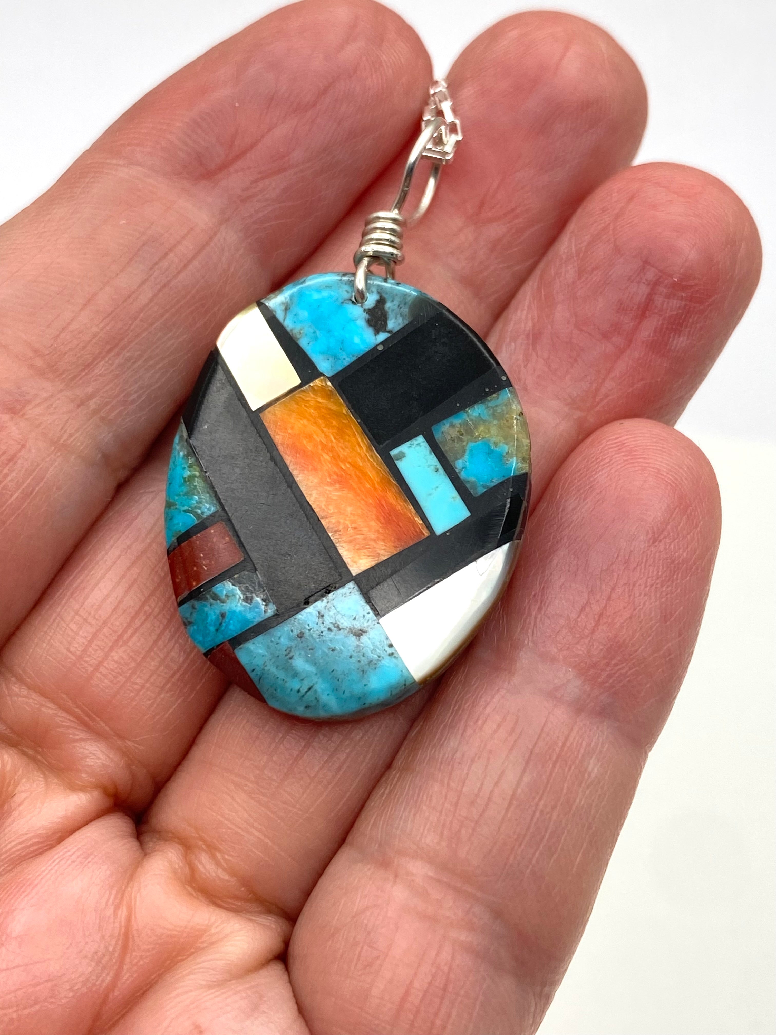 Santo Domingo Mosaic Inlay Oval Pendant MOP Base w Attached Pearls F&L Tenorio