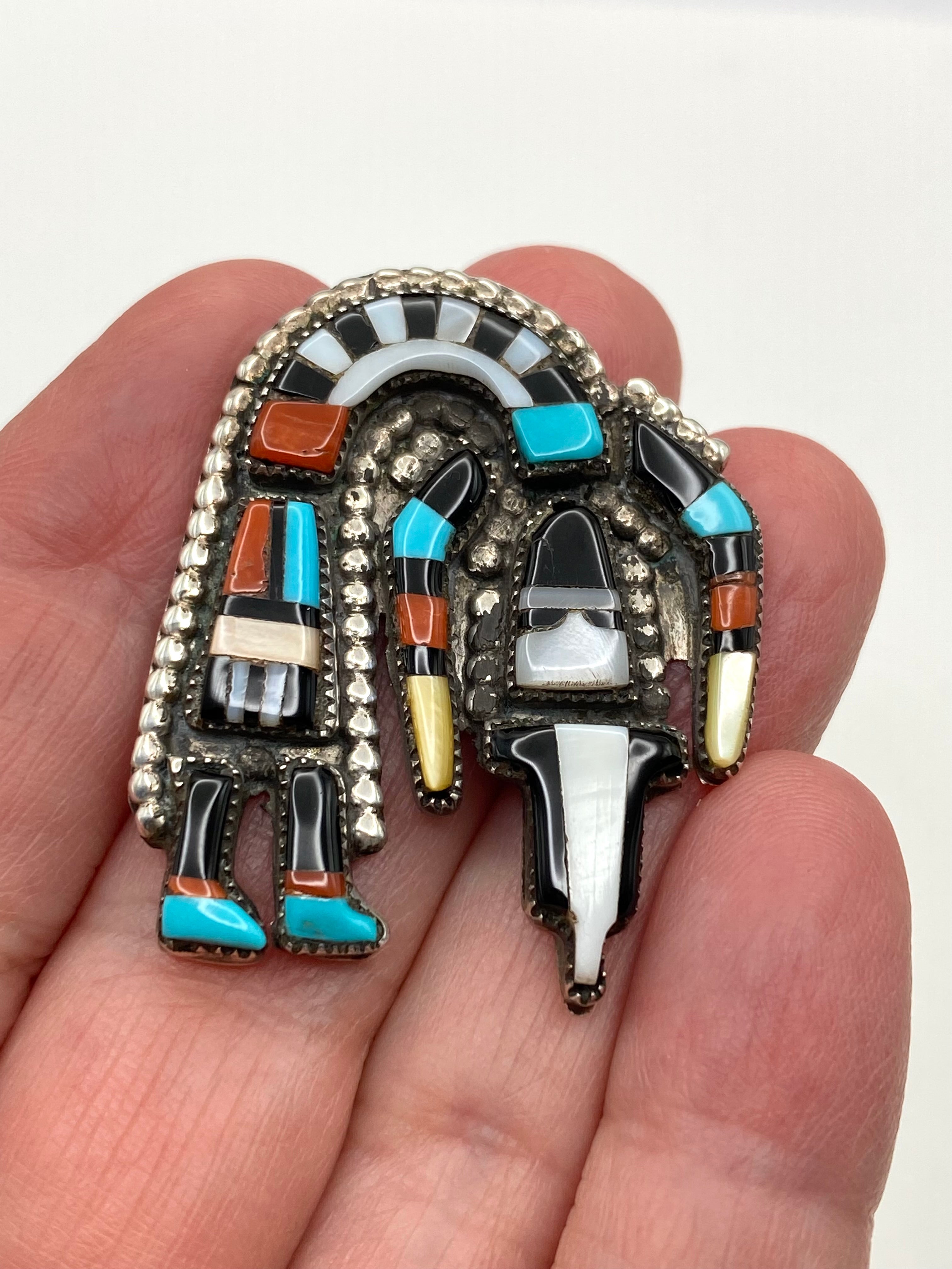 VTG Zuni Multi Stone Inlay Rainbow Man Ring Size 9.5 Turquoise Coral Cellicion
