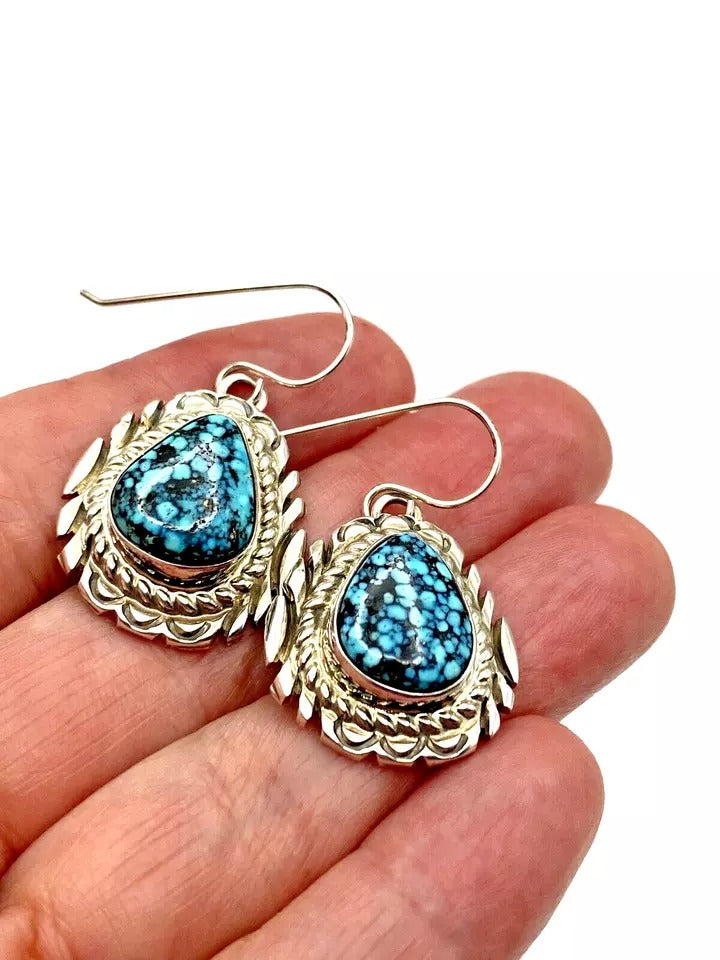 Kingman Spiderweb Turquoise Earrings Sterling Silver Navajo Thomas Francisco