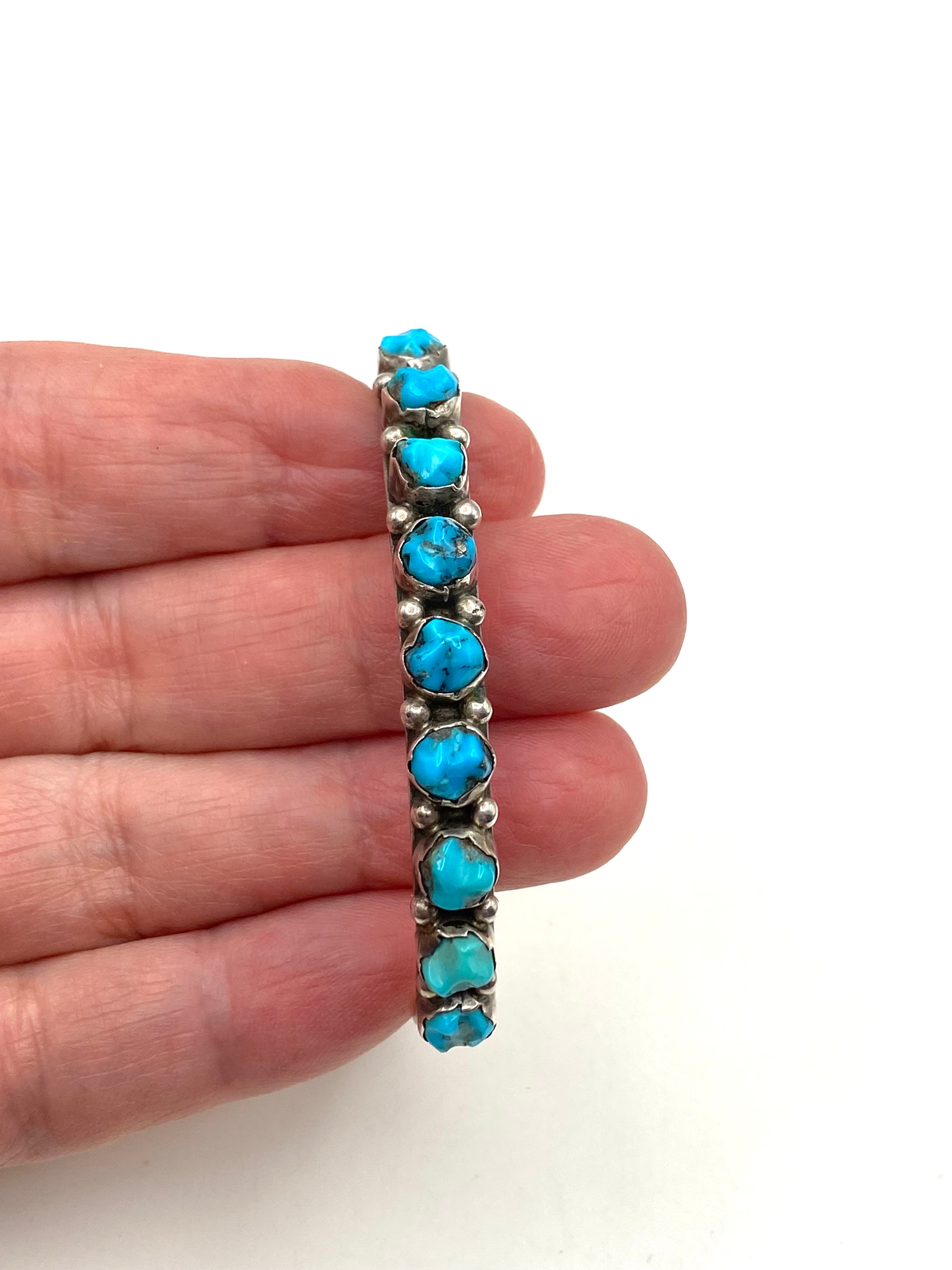 Vintage Sterling Narrow Cuff Bracelet Carved Turquoise Native American Signed