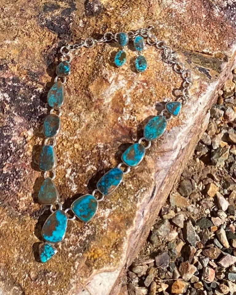 Pilot Mountain Turquoise Sterling Necklace Earring Set Statement J. Piaso Navajo