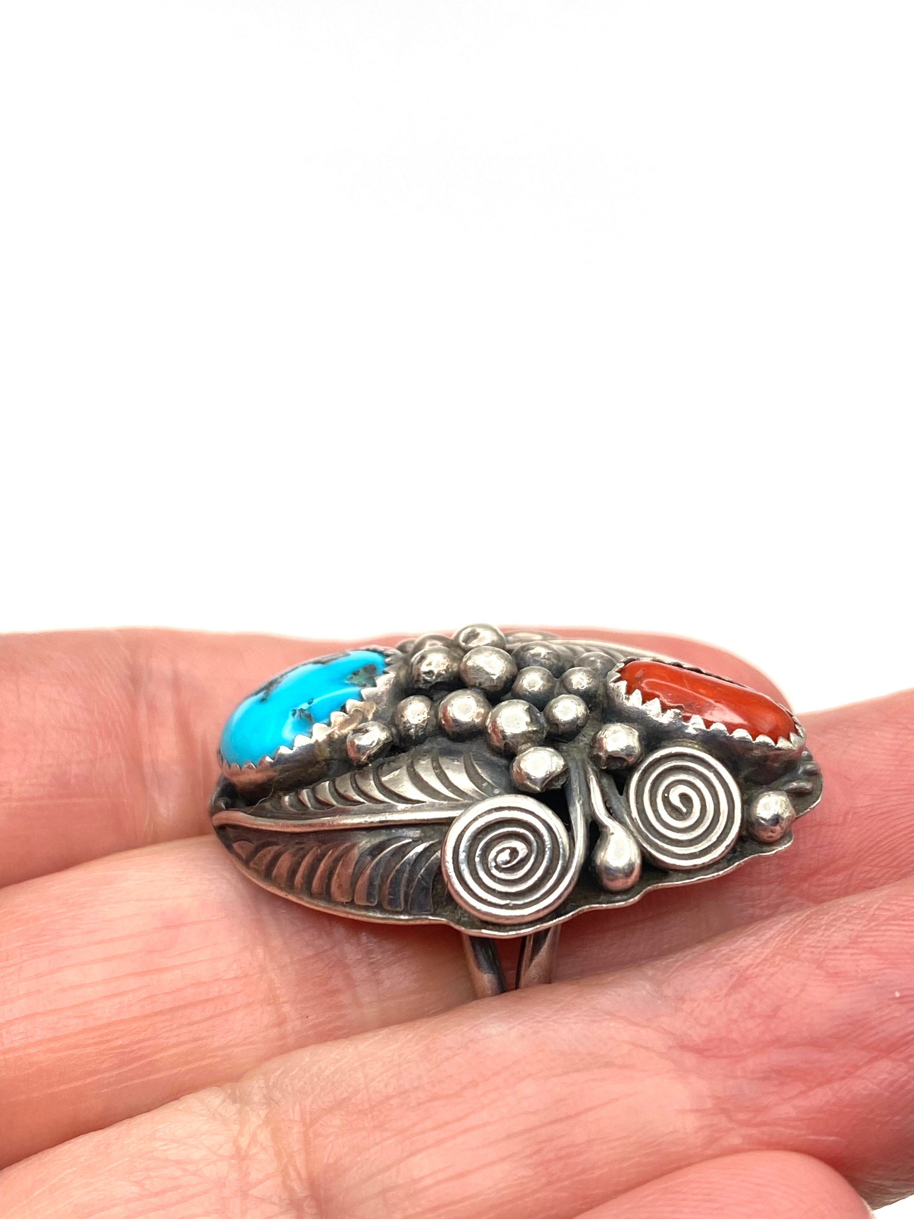 VTG Sterling Domed Hollow Ring Turquoise Coral Size 9.75 Native American Signed