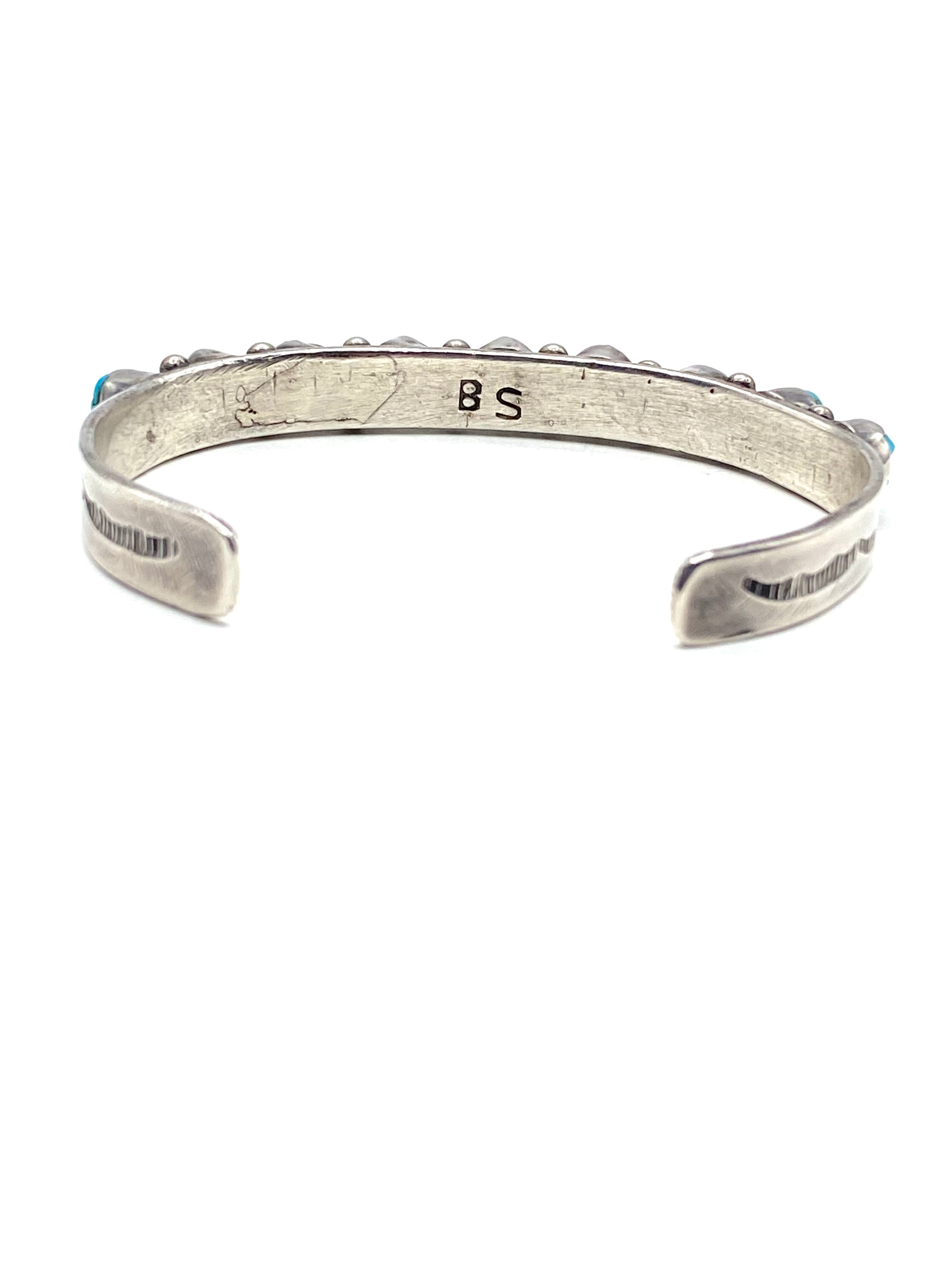 Vintage Sterling Narrow Cuff Bracelet Carved Turquoise Native American Signed