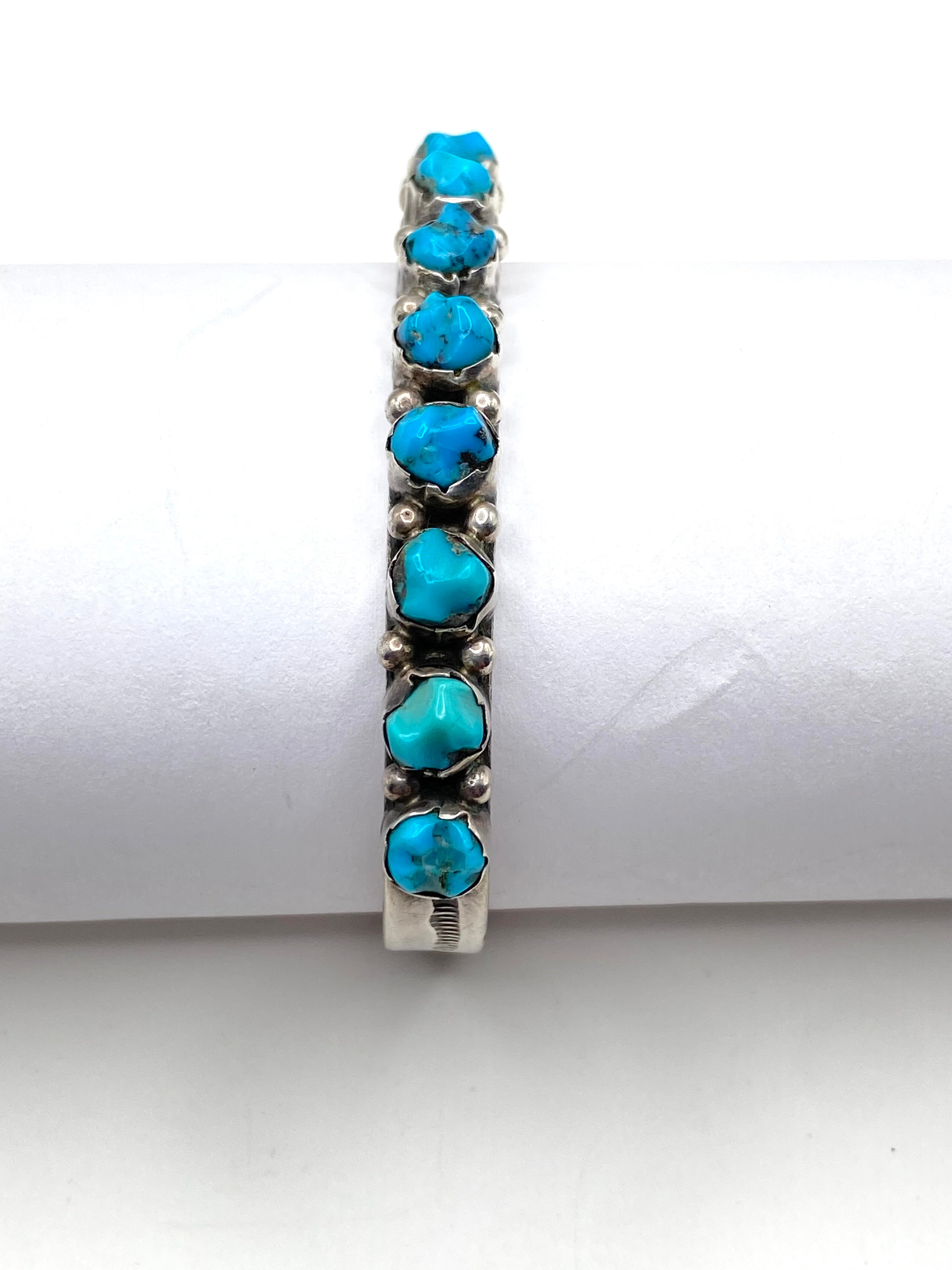 Vintage Sterling Narrow Cuff Bracelet Carved Turquoise Native American Signed
