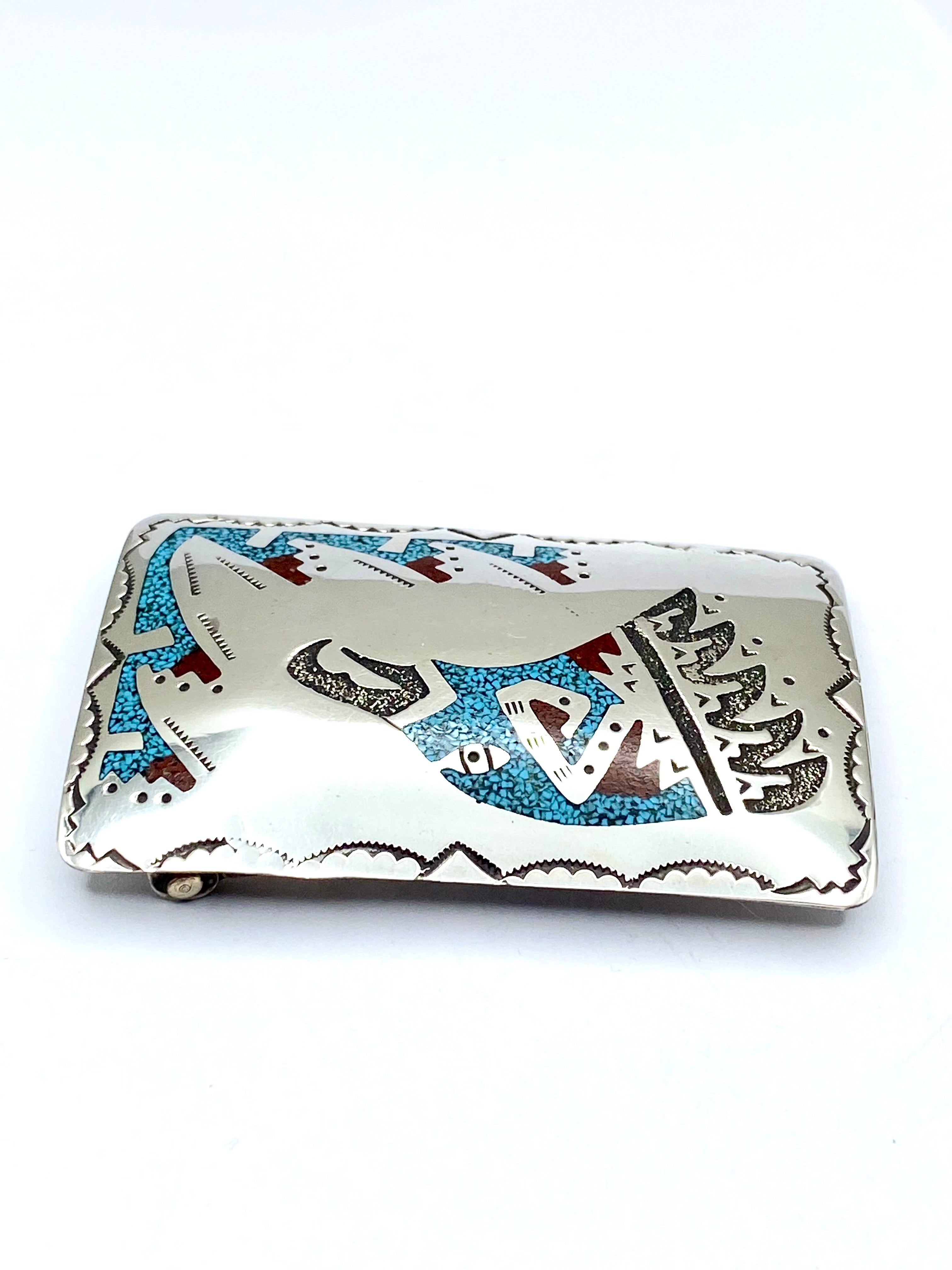 Sterling Belt Buckle Turquoise Coral Chip Inlay Eagle Head Raymond Begay Navajo