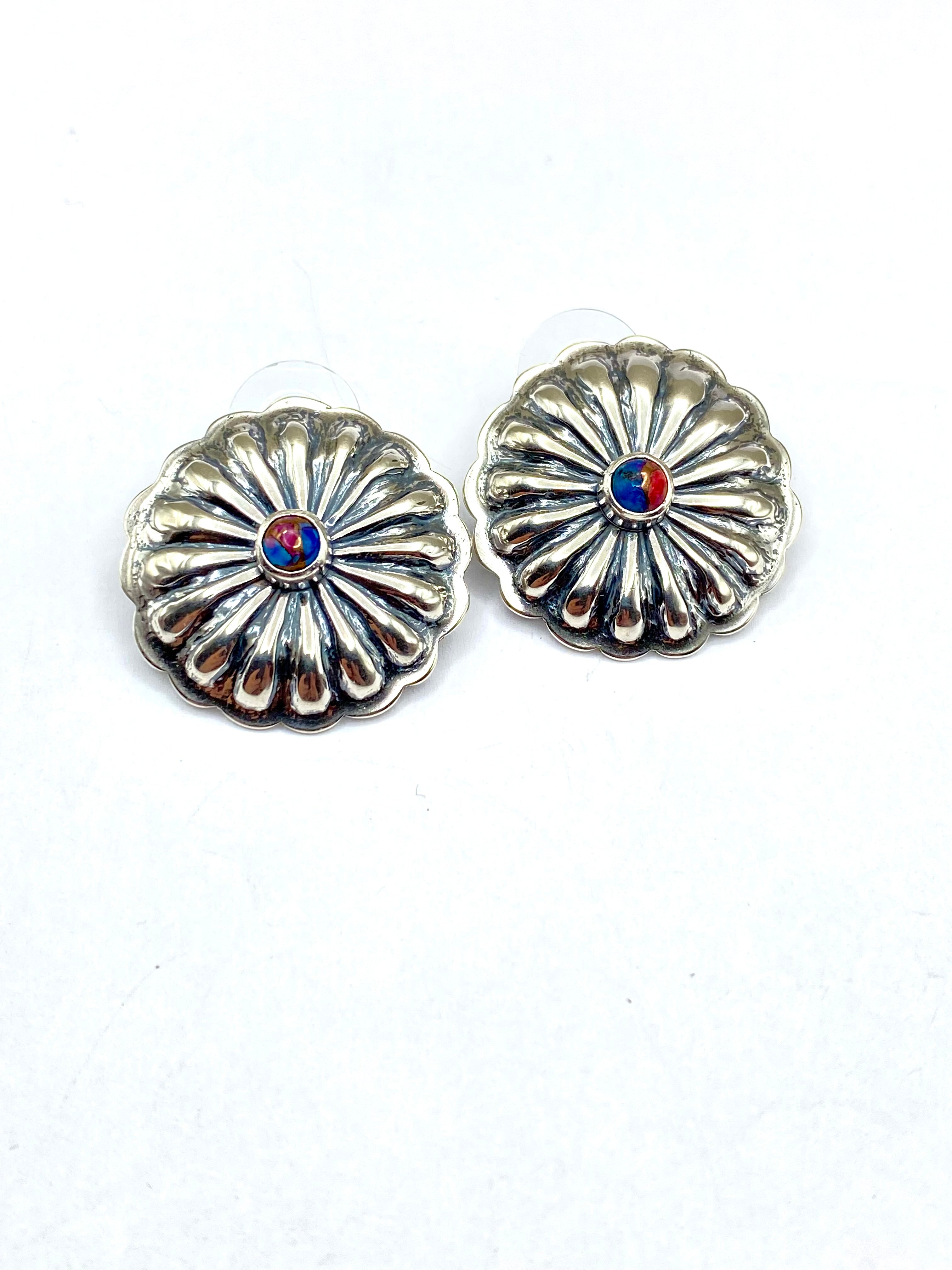 Sterling Concho Earrings Kingman Mojave Turquoise Native American Signed