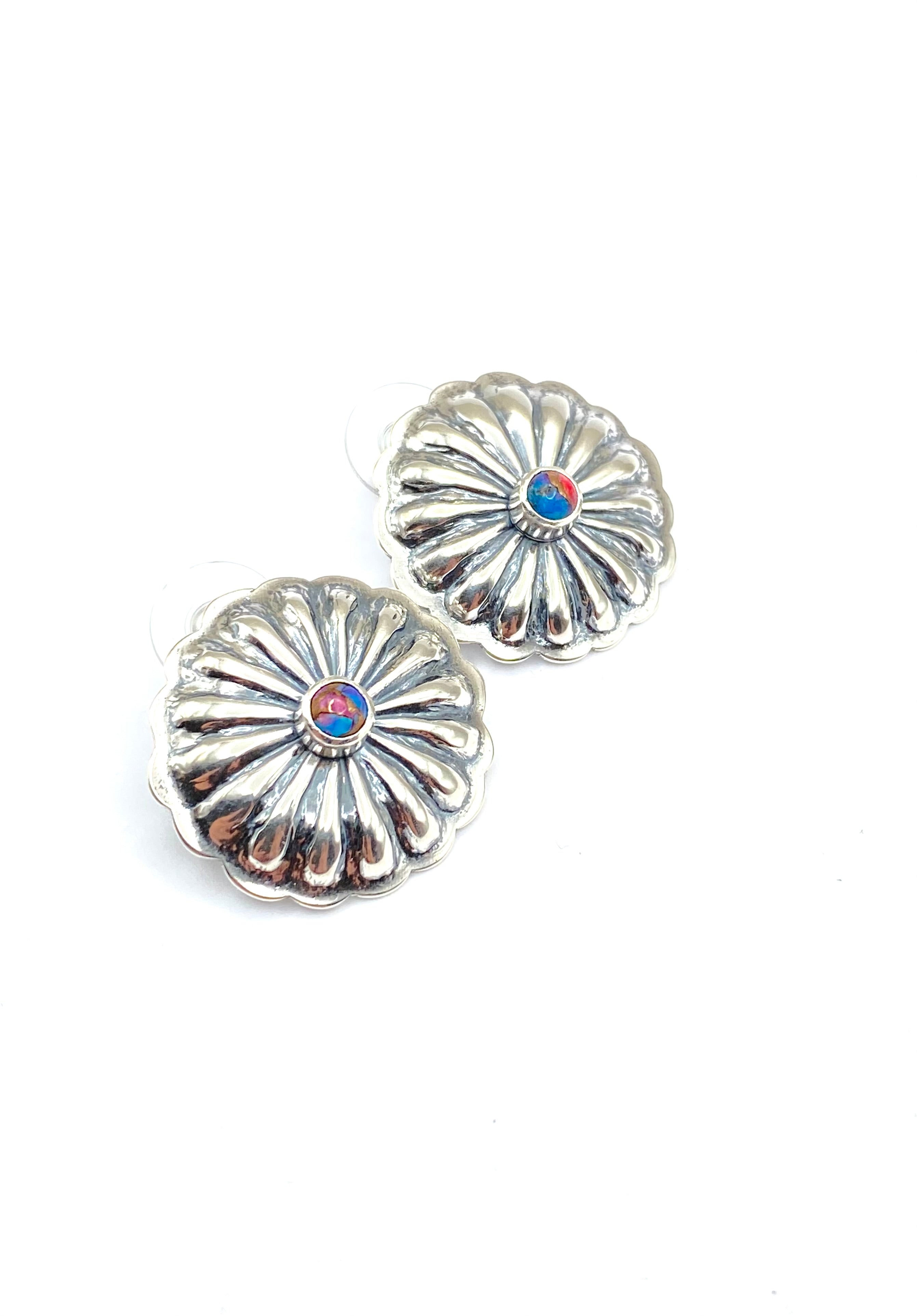Sterling Concho Earrings Kingman Mojave Turquoise Native American Signed