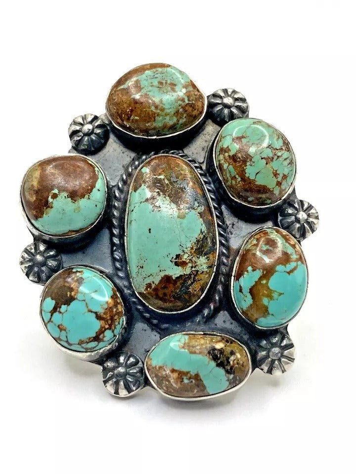 Green Turquoise Sterling Silver Statement Ring SZ 10 Adjustable Native American