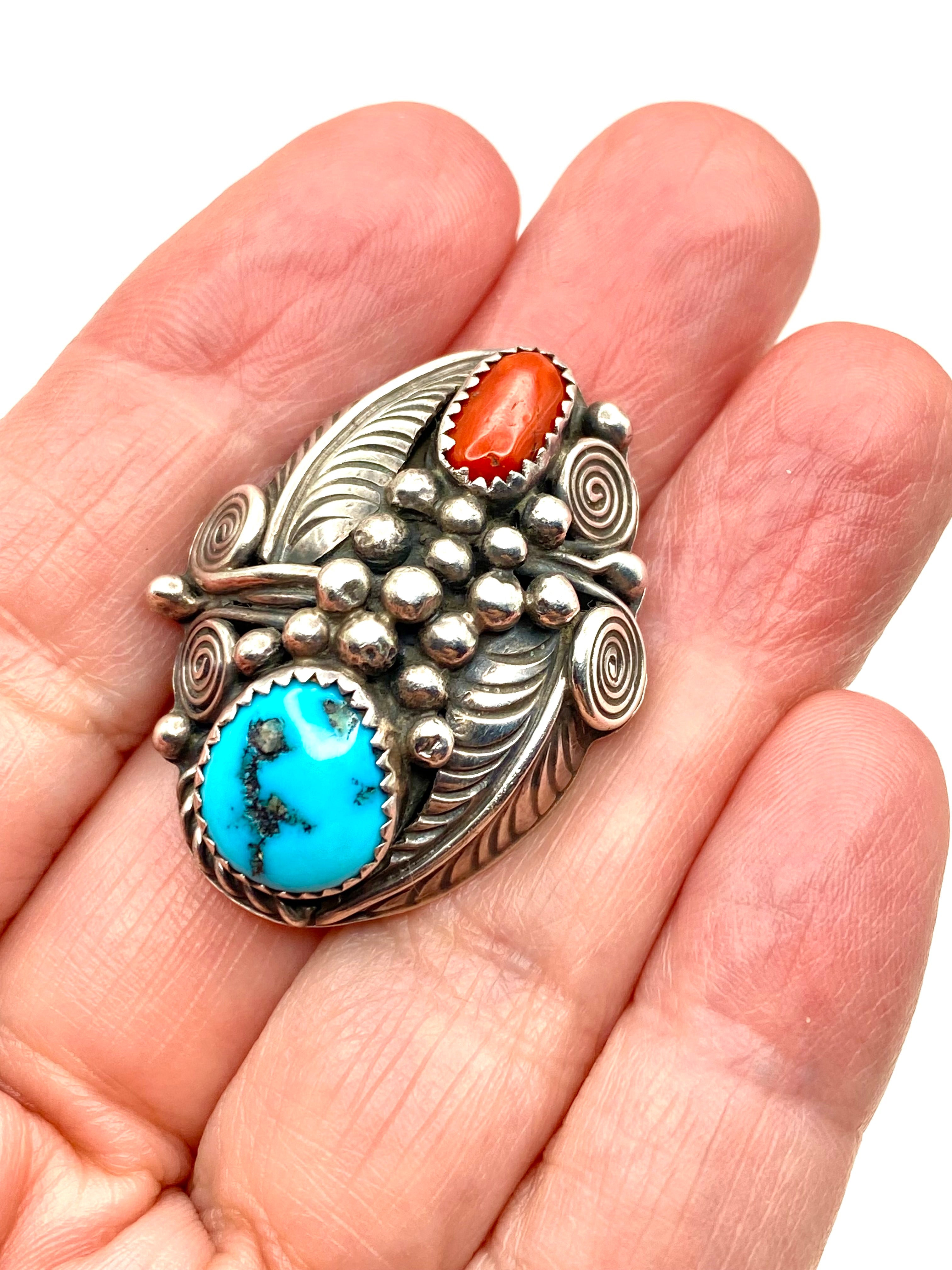 VTG Sterling Domed Hollow Ring Turquoise Coral Size 9.75 Native American Signed