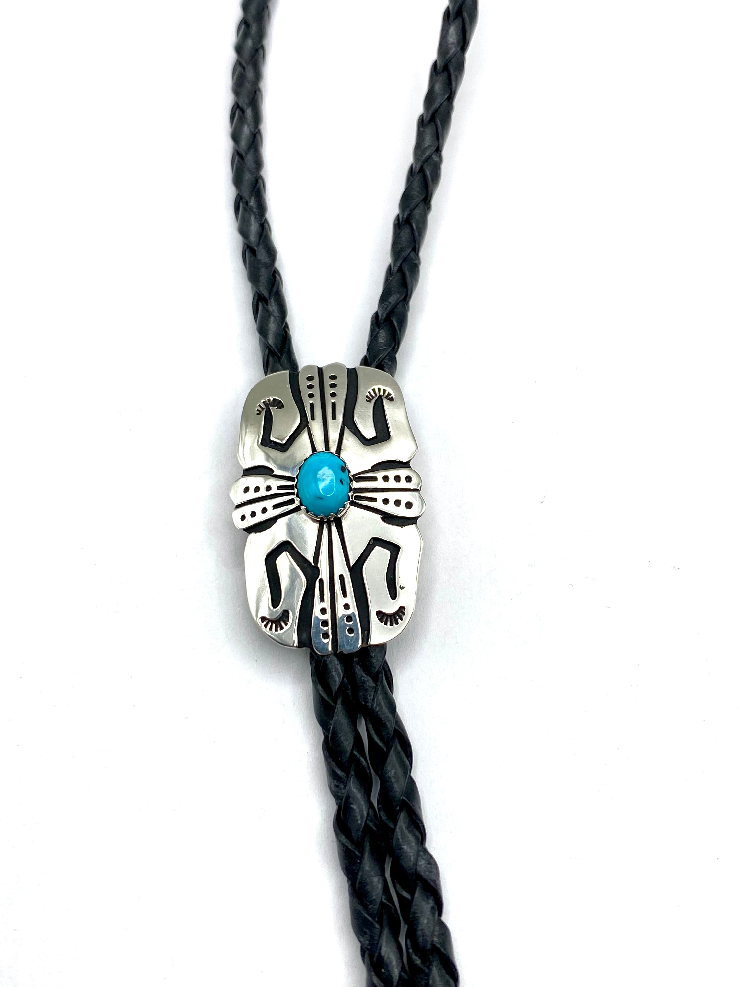 Petite Sterling Silver Overlay Bolo Tie Oval Turquoise Navajo T&R Singer New