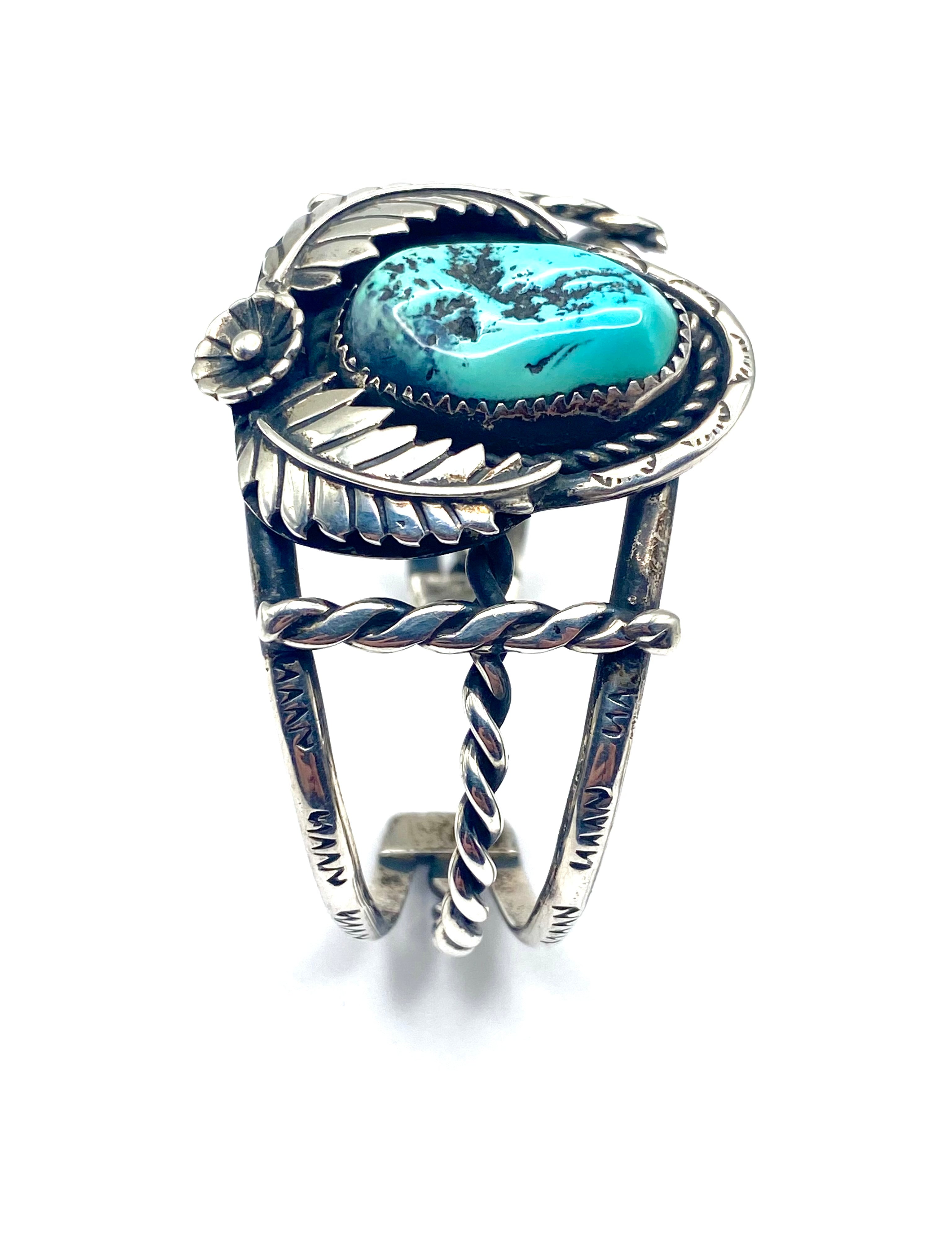 VTG Sterling Turquoise Bracelet 3-Rail Leaf Flower Applique Native American
