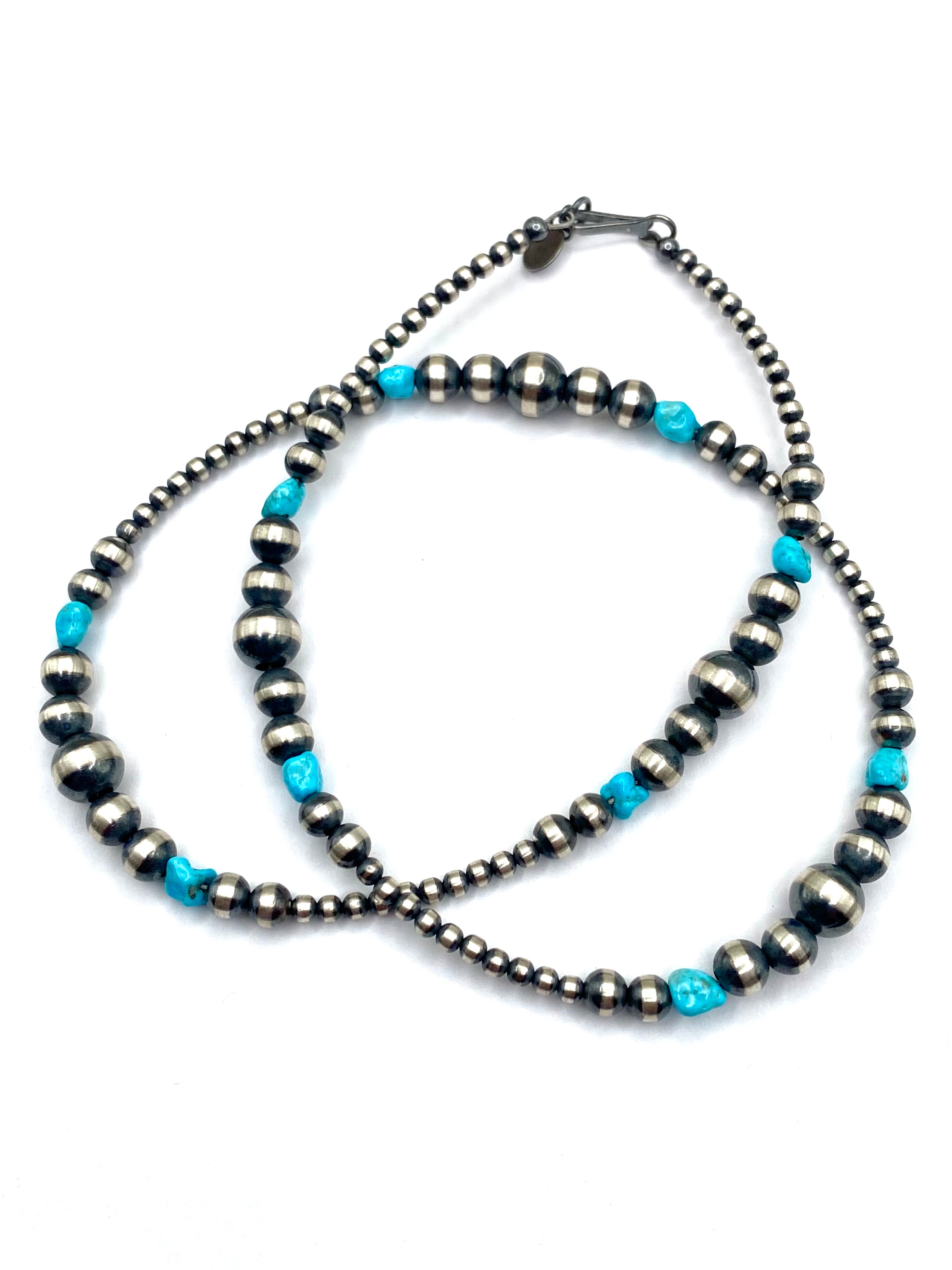 Graduated Sterling Bead Necklace Turquoise Nuggets 20" Native American New