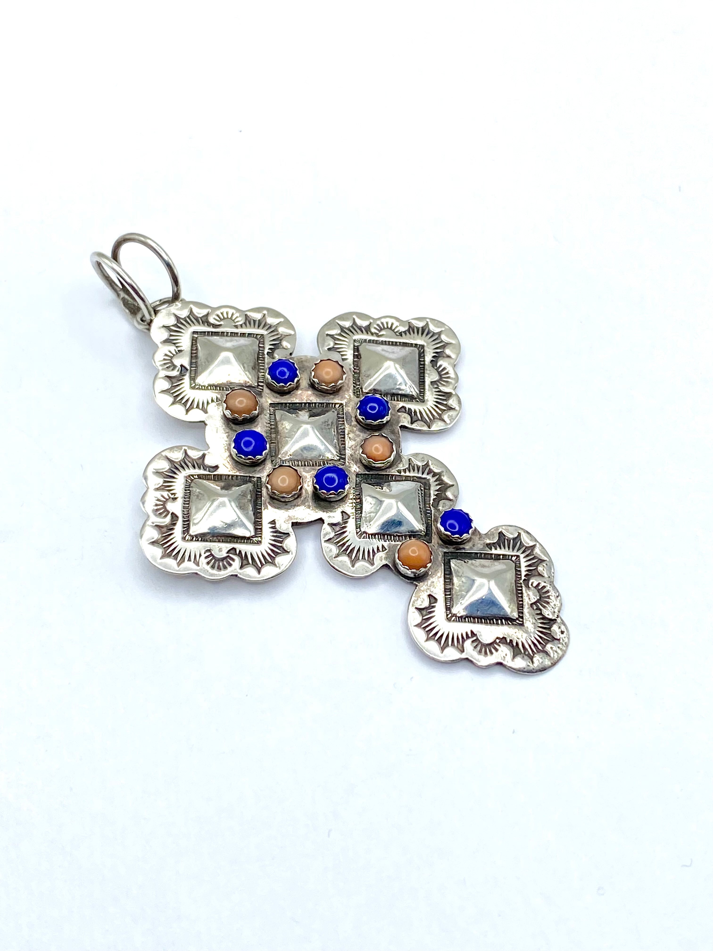 Scalloped Sterling Cross Pendant Lapis Pink Conch John Nelson Navajo