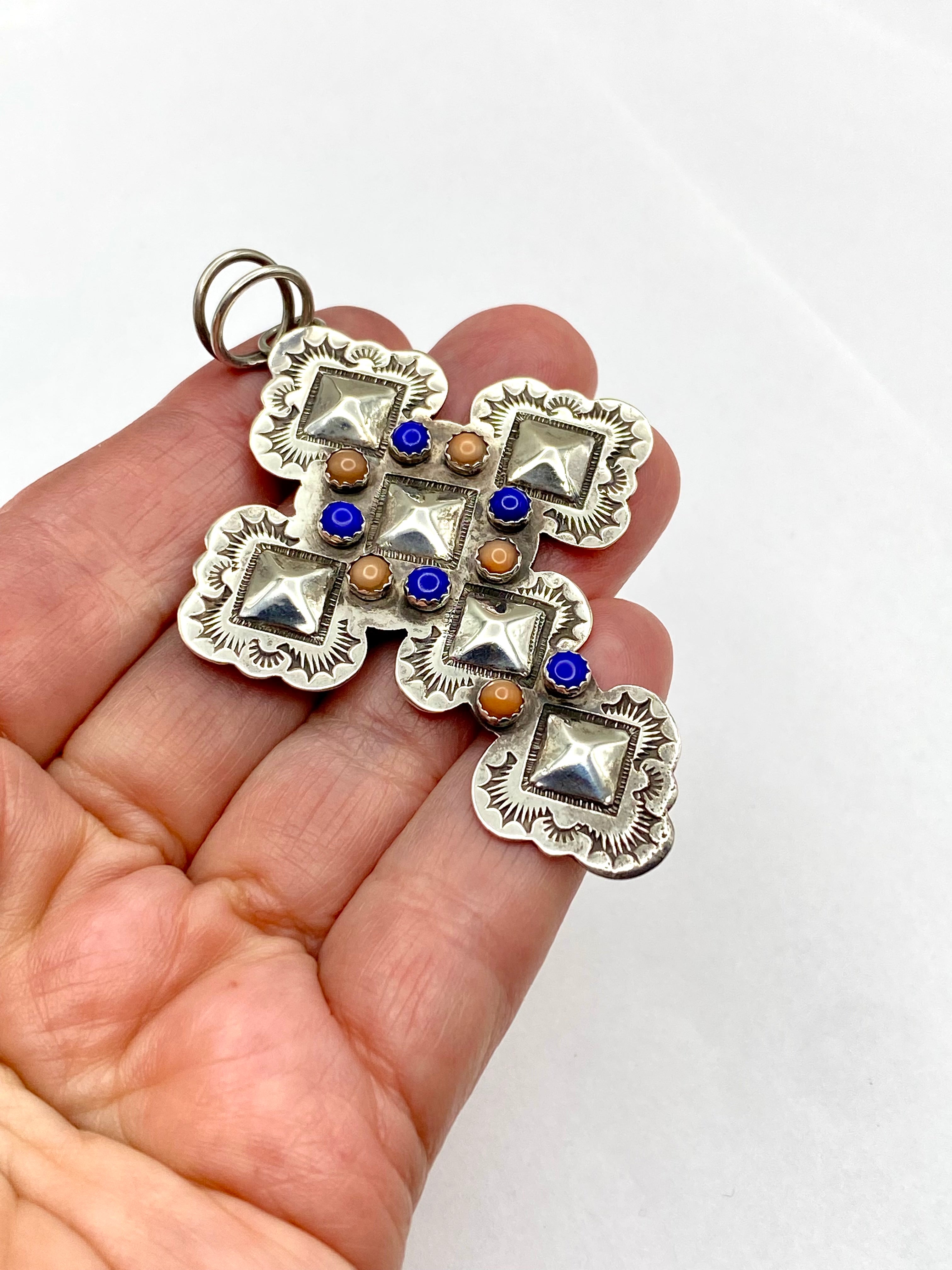 Scalloped Sterling Cross Pendant Lapis Pink Conch John Nelson Navajo