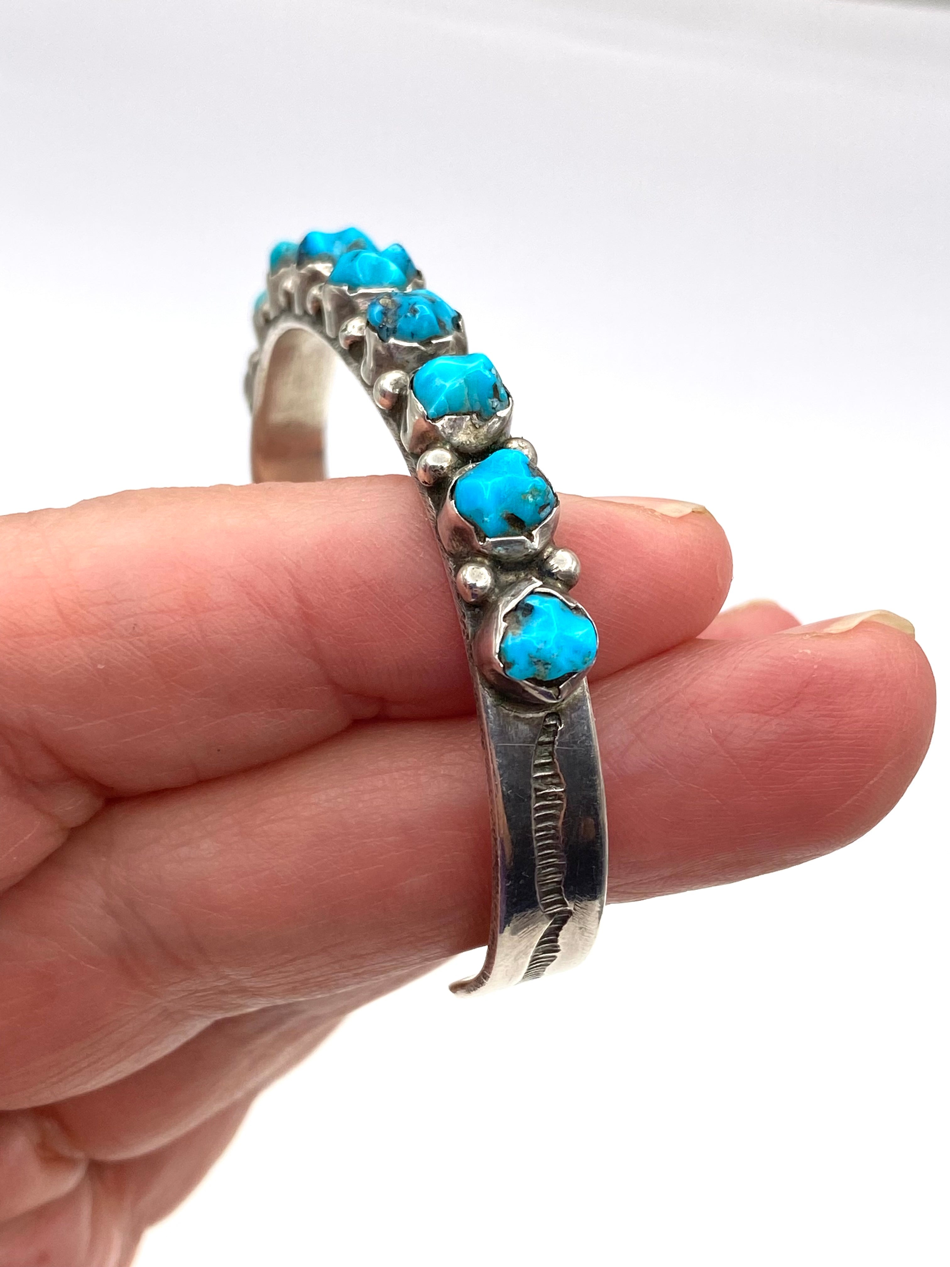 Vintage Sterling Narrow Cuff Bracelet Carved Turquoise Native American Signed
