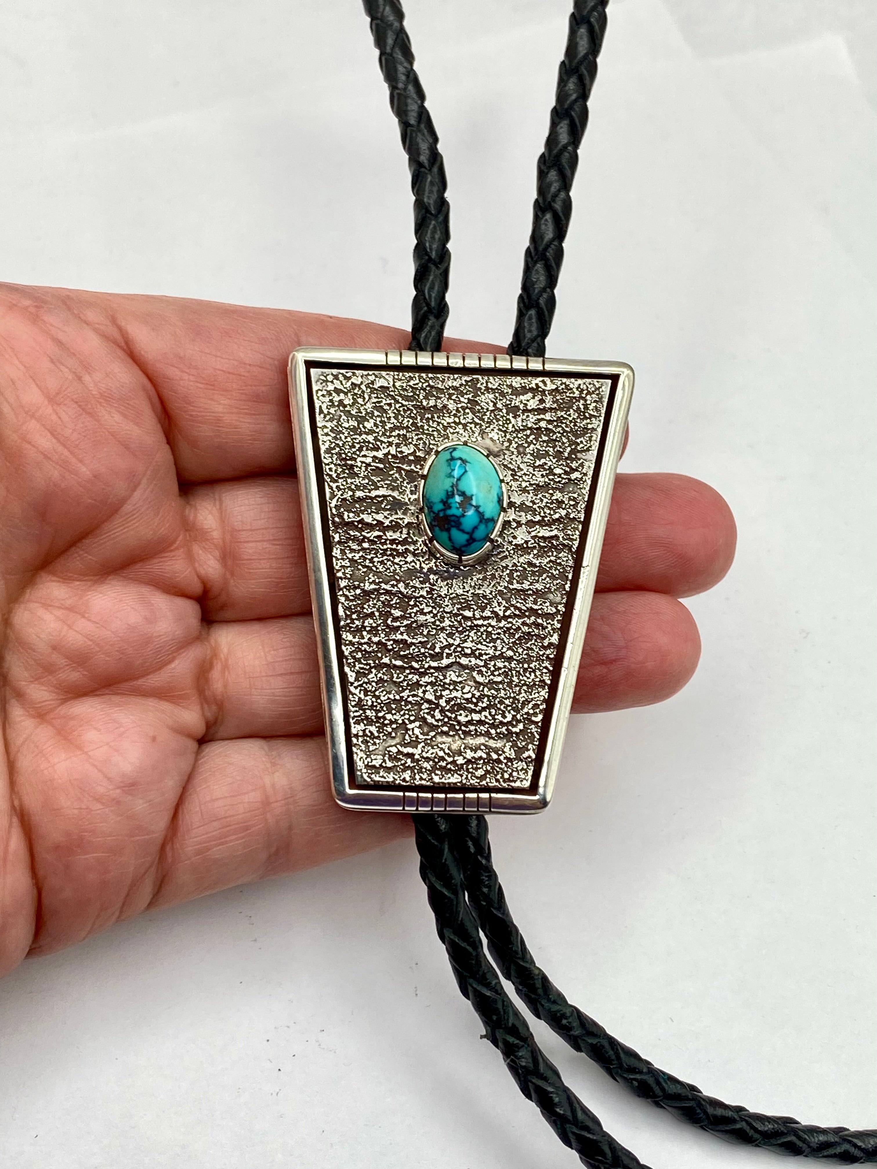Sterling Silver Tufa Cast Bolo Tie Turquoise Heavy Gage Navajo Vernon Begaye
