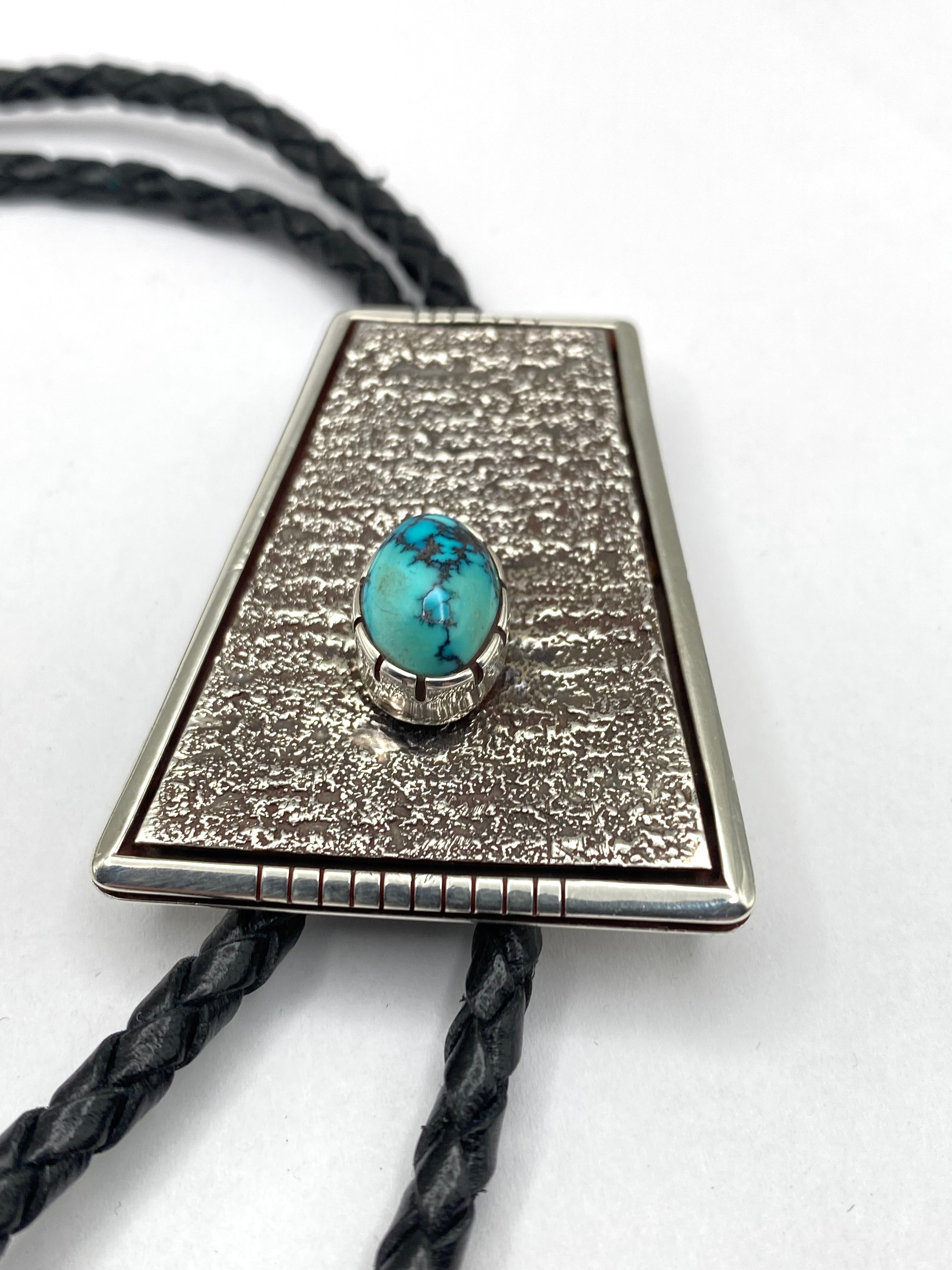 Sterling Silver Tufa Cast Bolo Tie Turquoise Heavy Gage Navajo Vernon Begaye