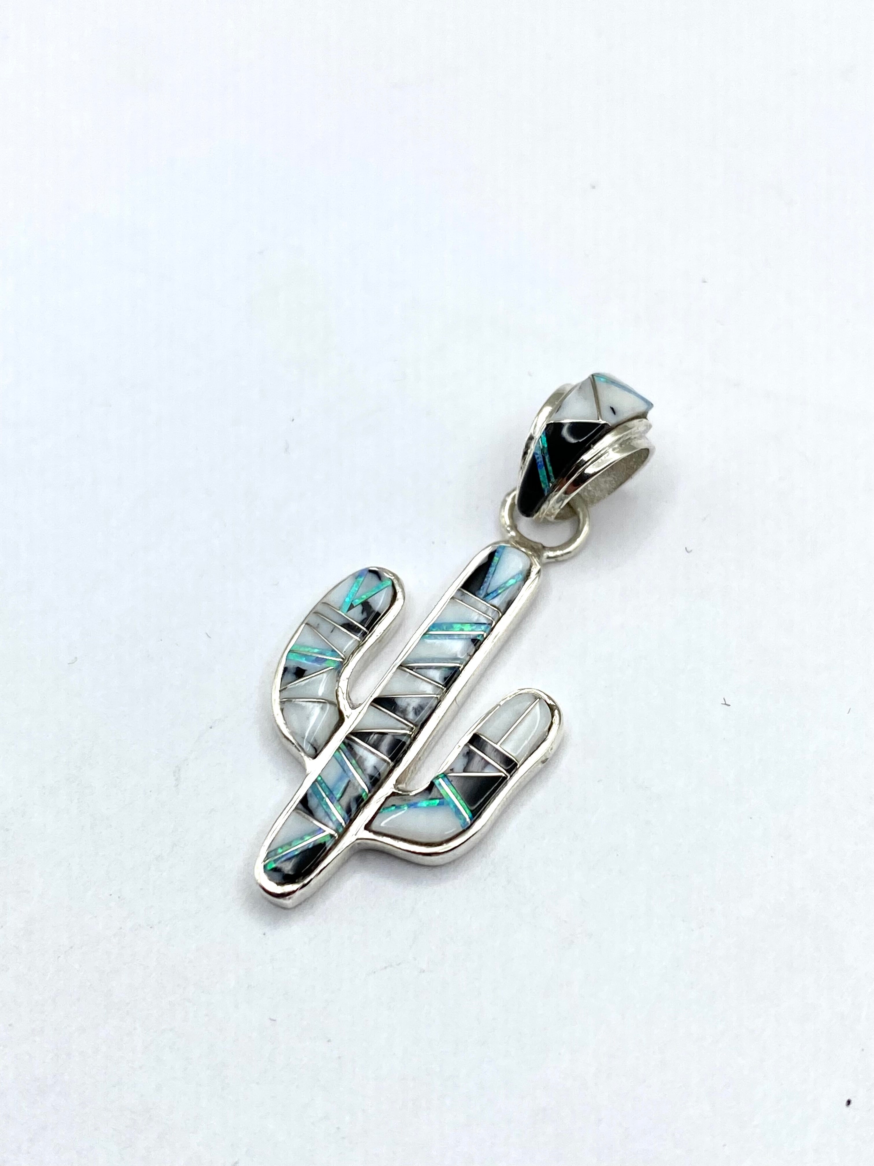 Petite Saguaro Pendant Sterling White Buffalo Opal Inlay Native American Signed