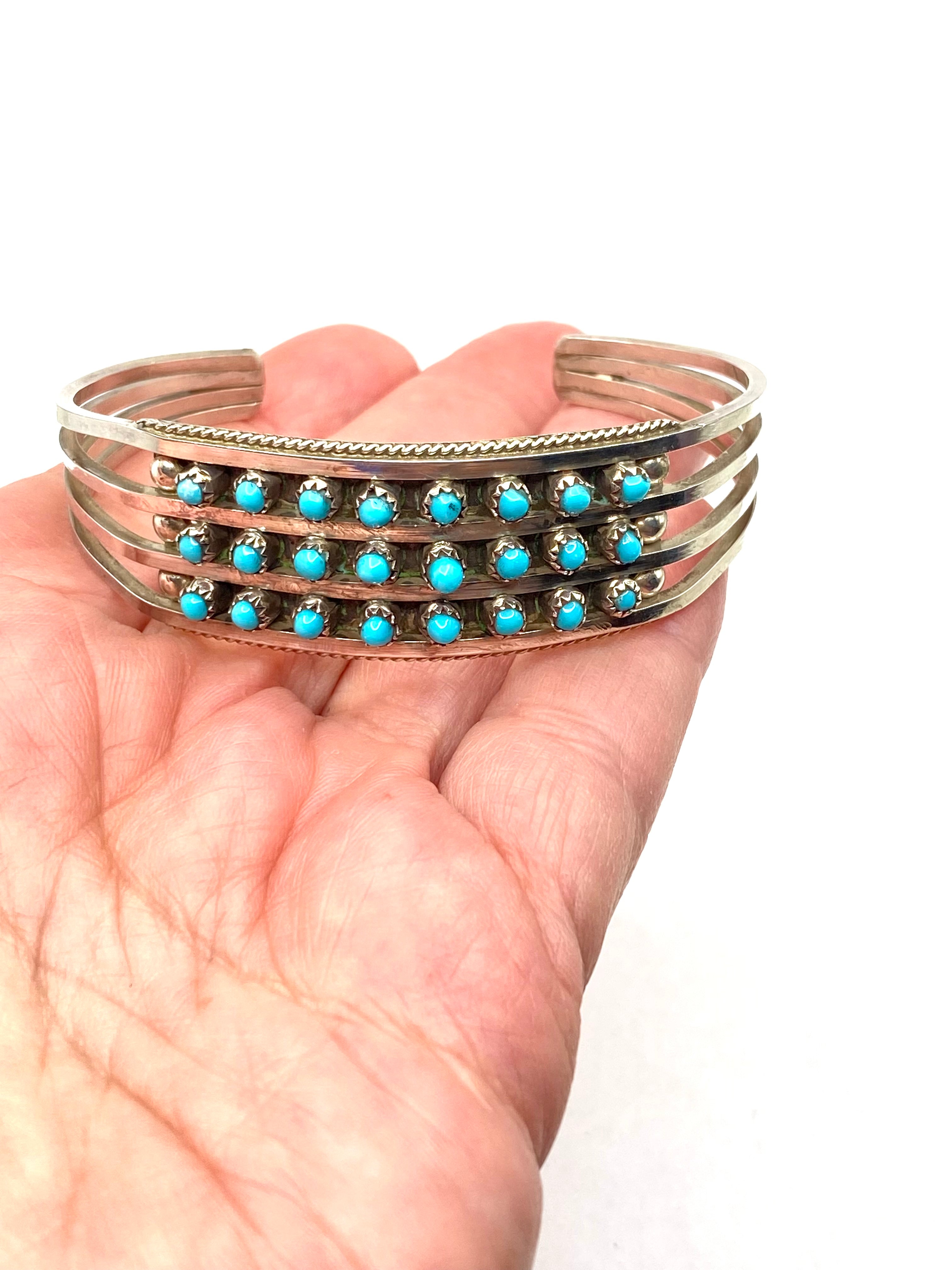 Sterling 4-Rail Bracelet Petite Turquoise 3-Row Zuni Native American Signed