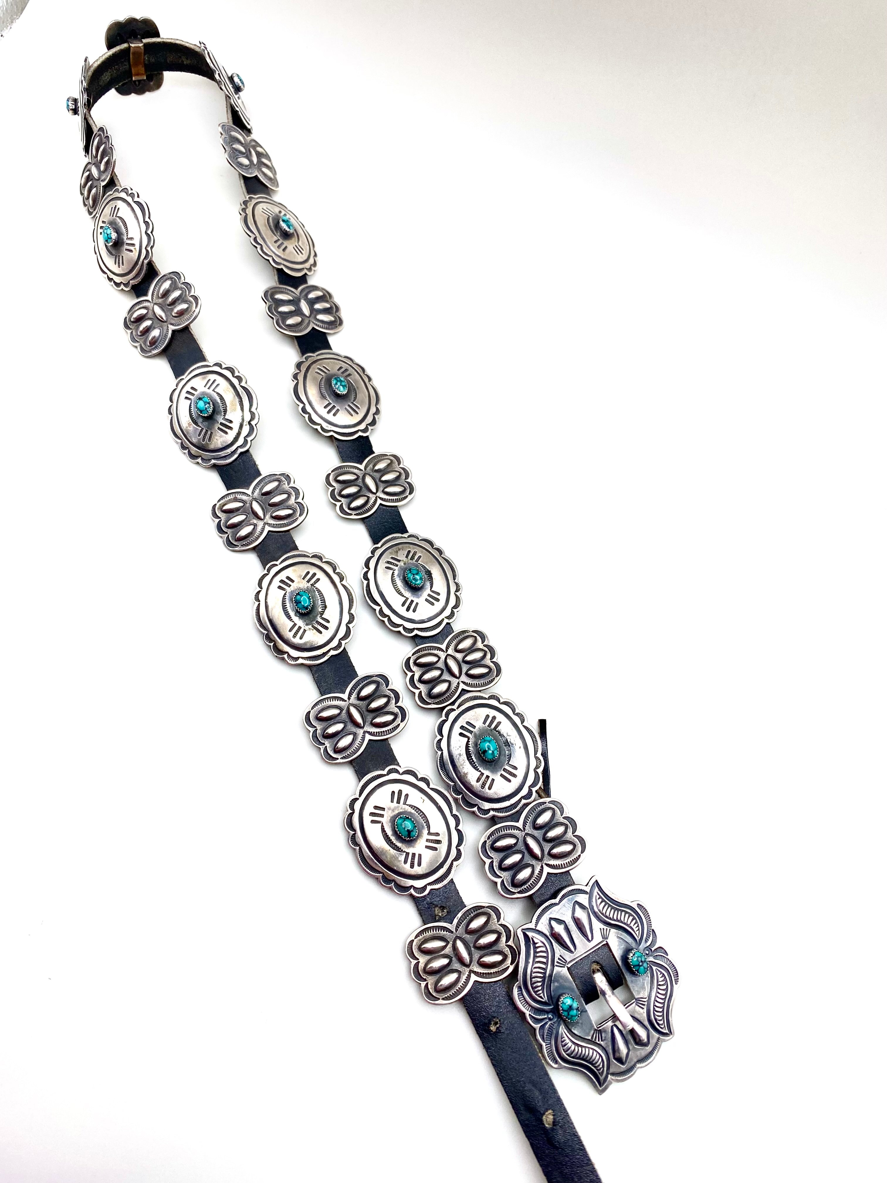 VTG Harry Morgan Concho Belt Sterling Spiderweb Turquoise Petite Navajo c. 1960s