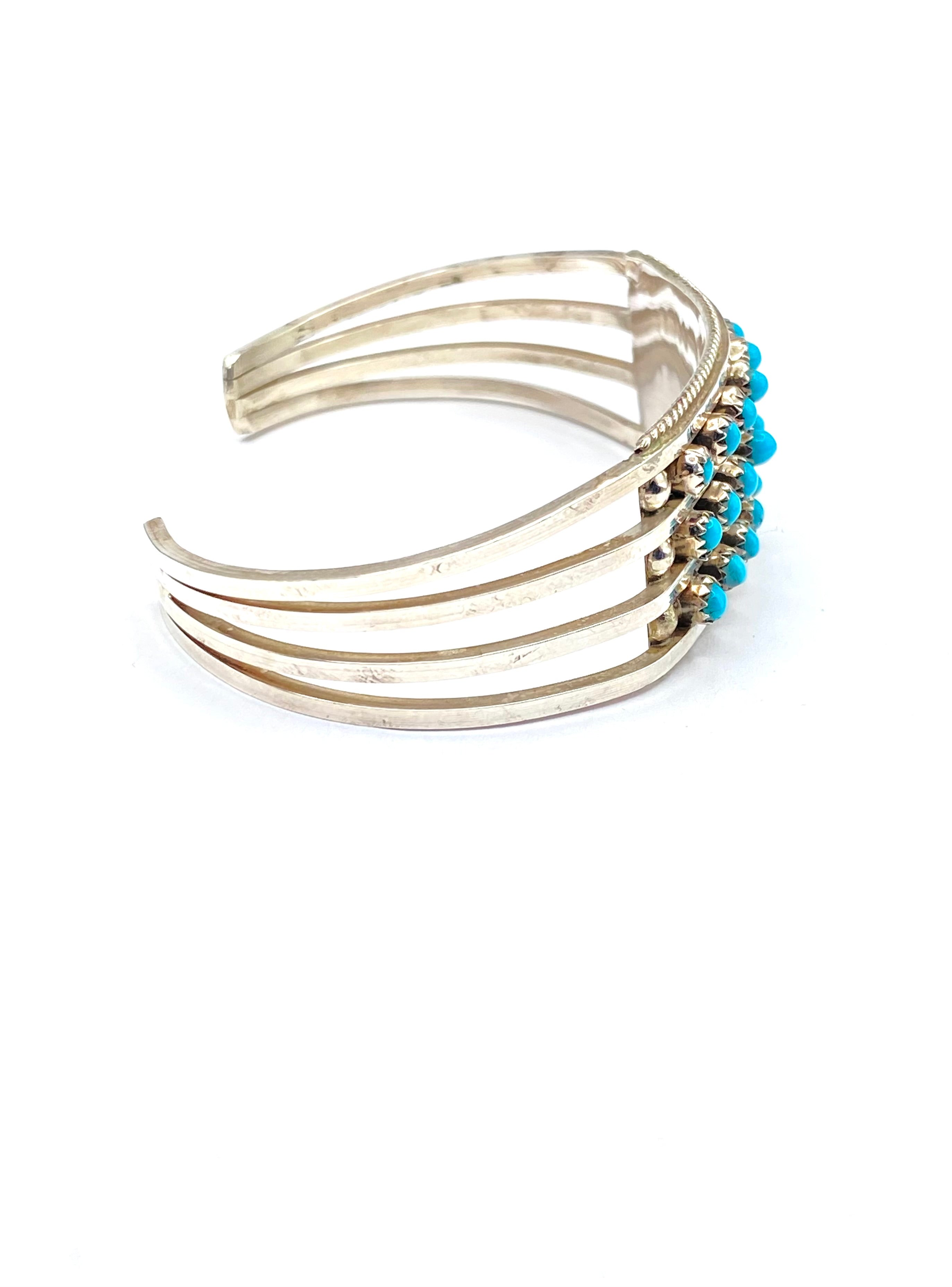 Sterling 4-Rail Bracelet Petite Turquoise 3-Row Zuni Native American Signed
