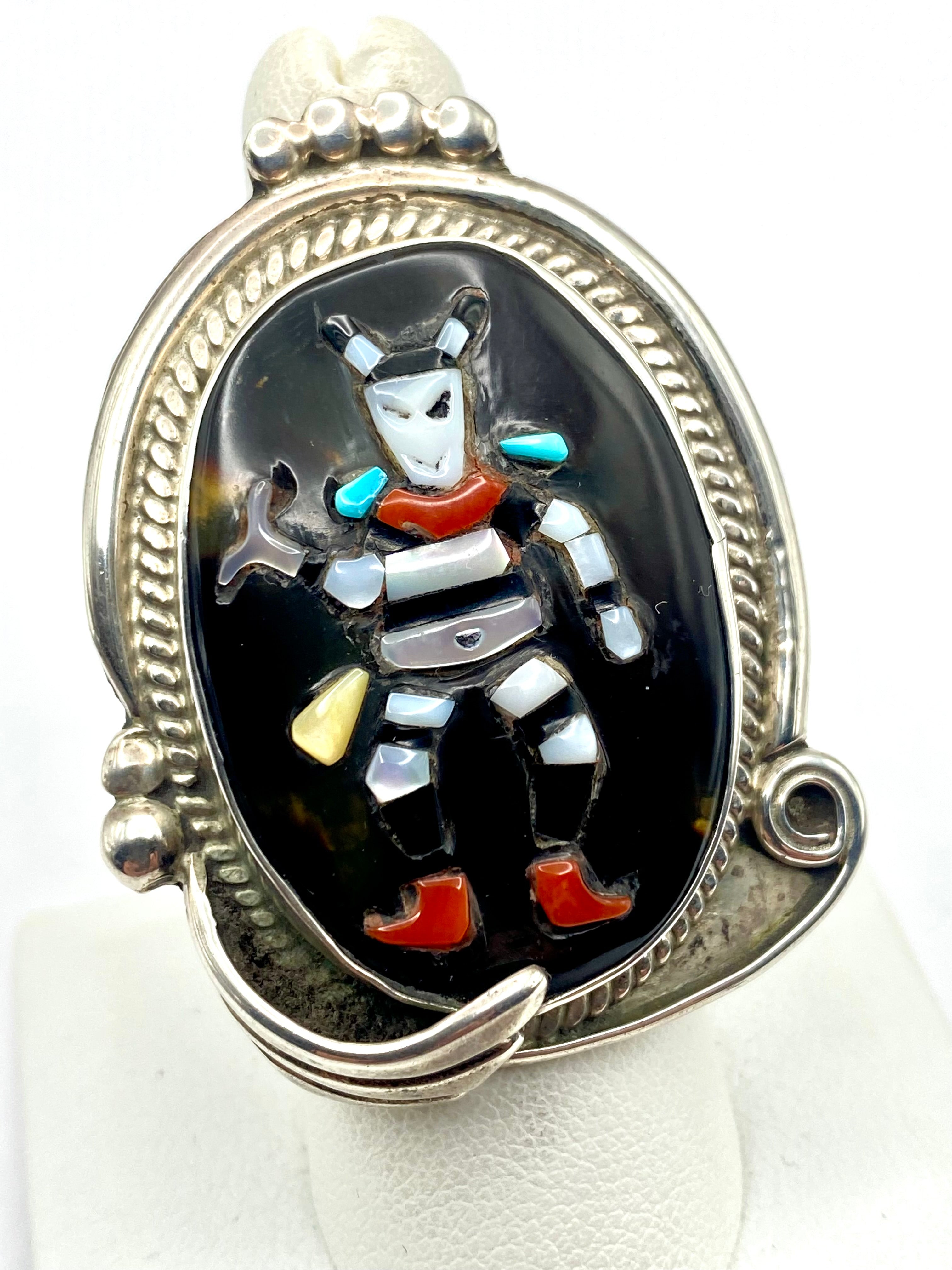 VTG Zuni Inlay Clown Kachina Ring Sterling Turquoise Shell Size 7.5 A&R Pinto