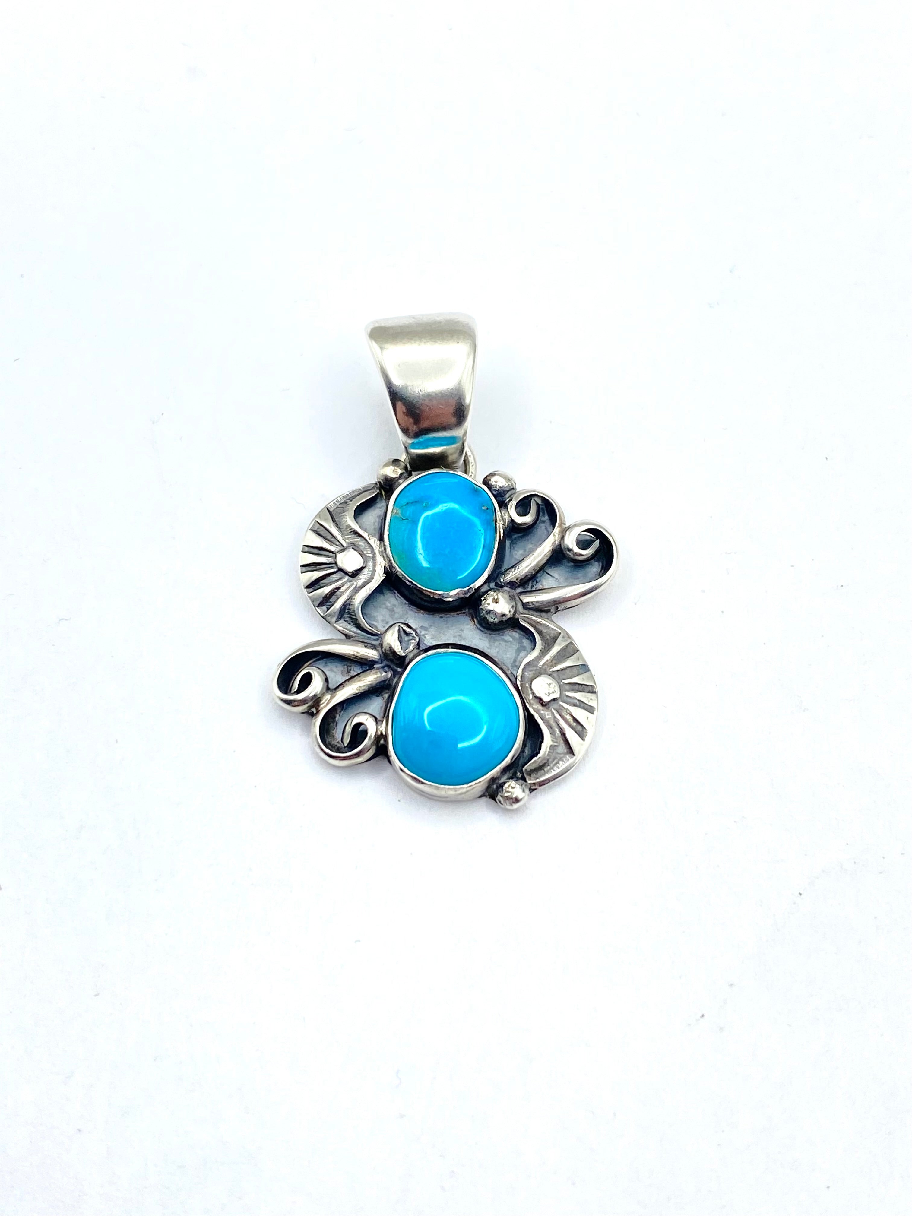 Sterling Silver Kingman Turquoise Pendant Silver Applique Native American Signed