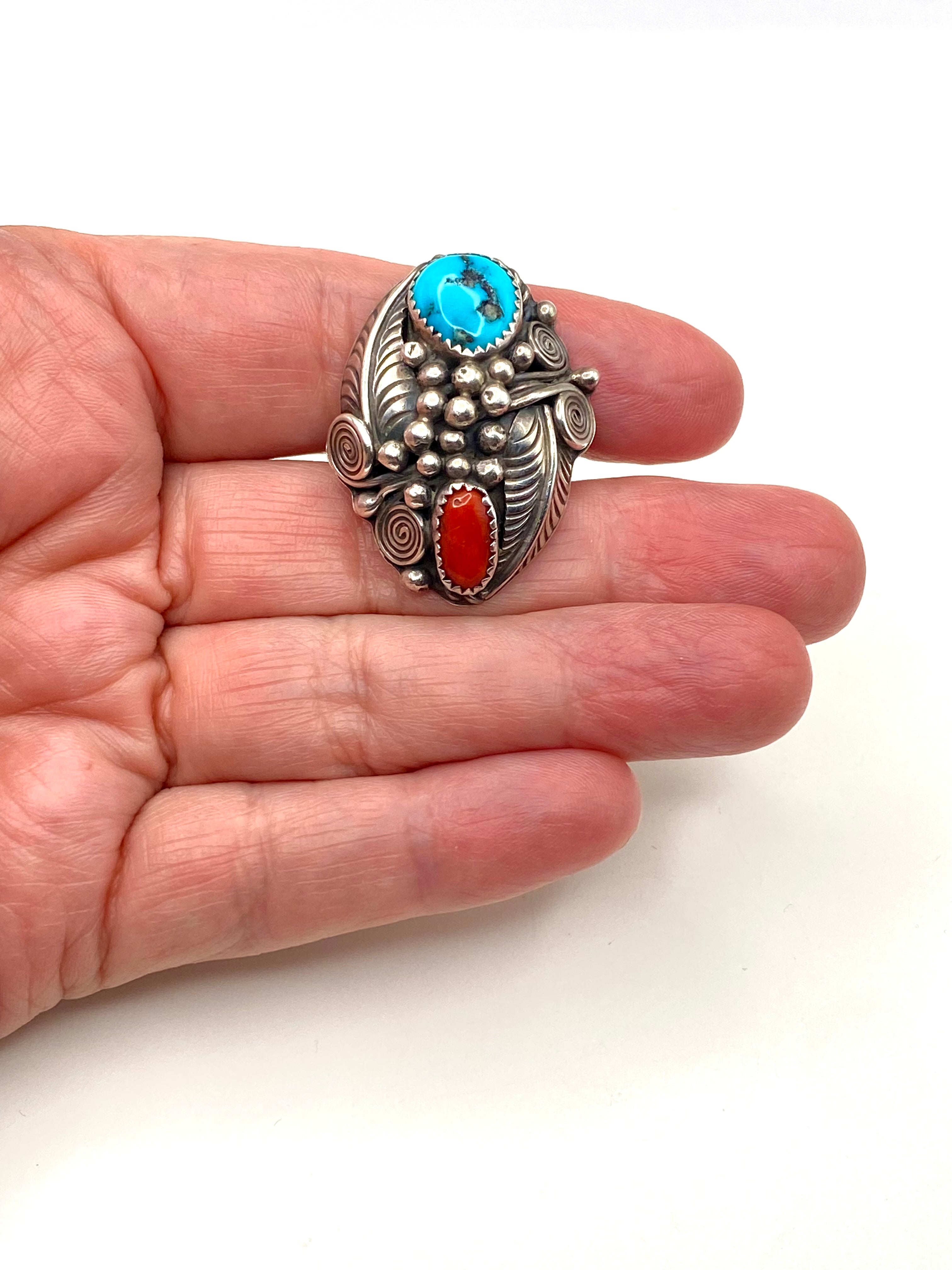 VTG Sterling Domed Hollow Ring Turquoise Coral Size 9.75 Native American Signed