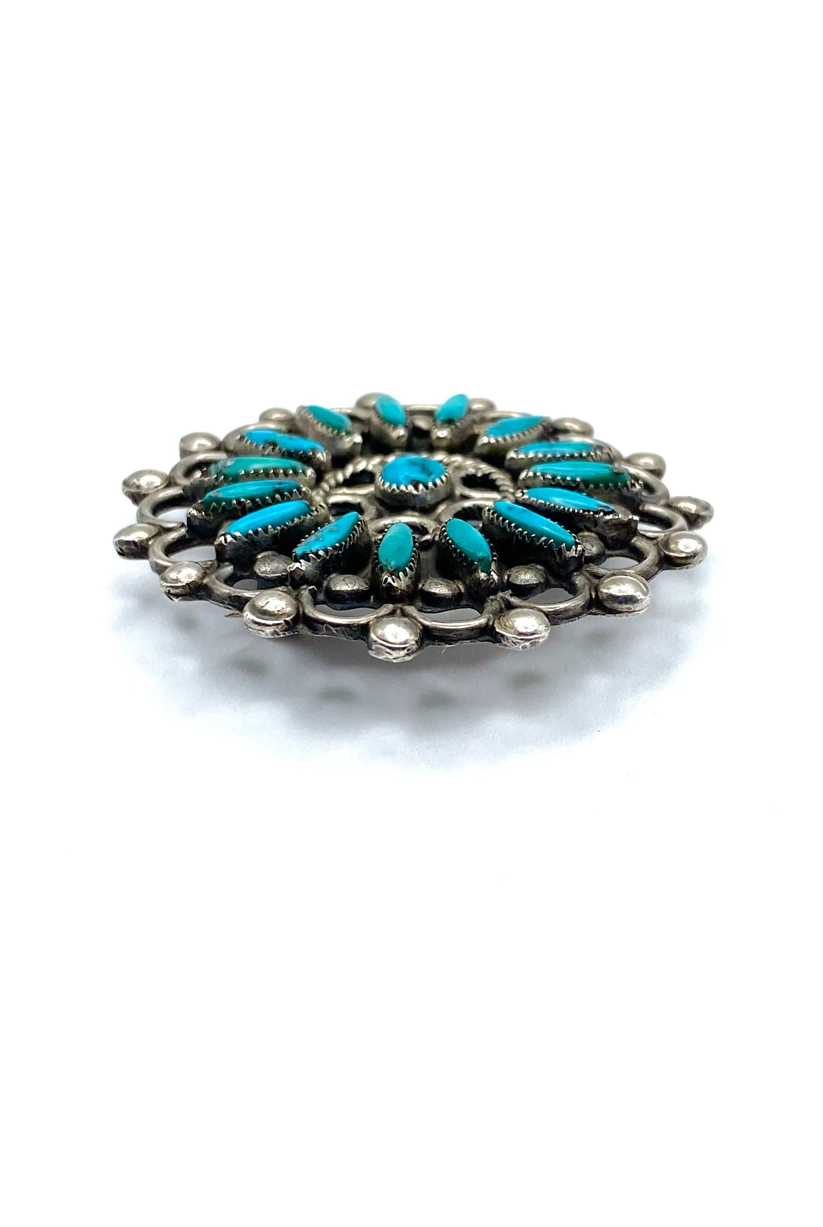 VTG Zuni Needlepoint Turquoise Silver Pin Brooch Native American ca. 1960s