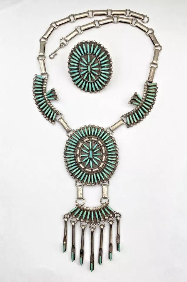 Vintage Green Turquoise Needlepoint Necklace Ring Set Sterling Zuni DJ Ghahate