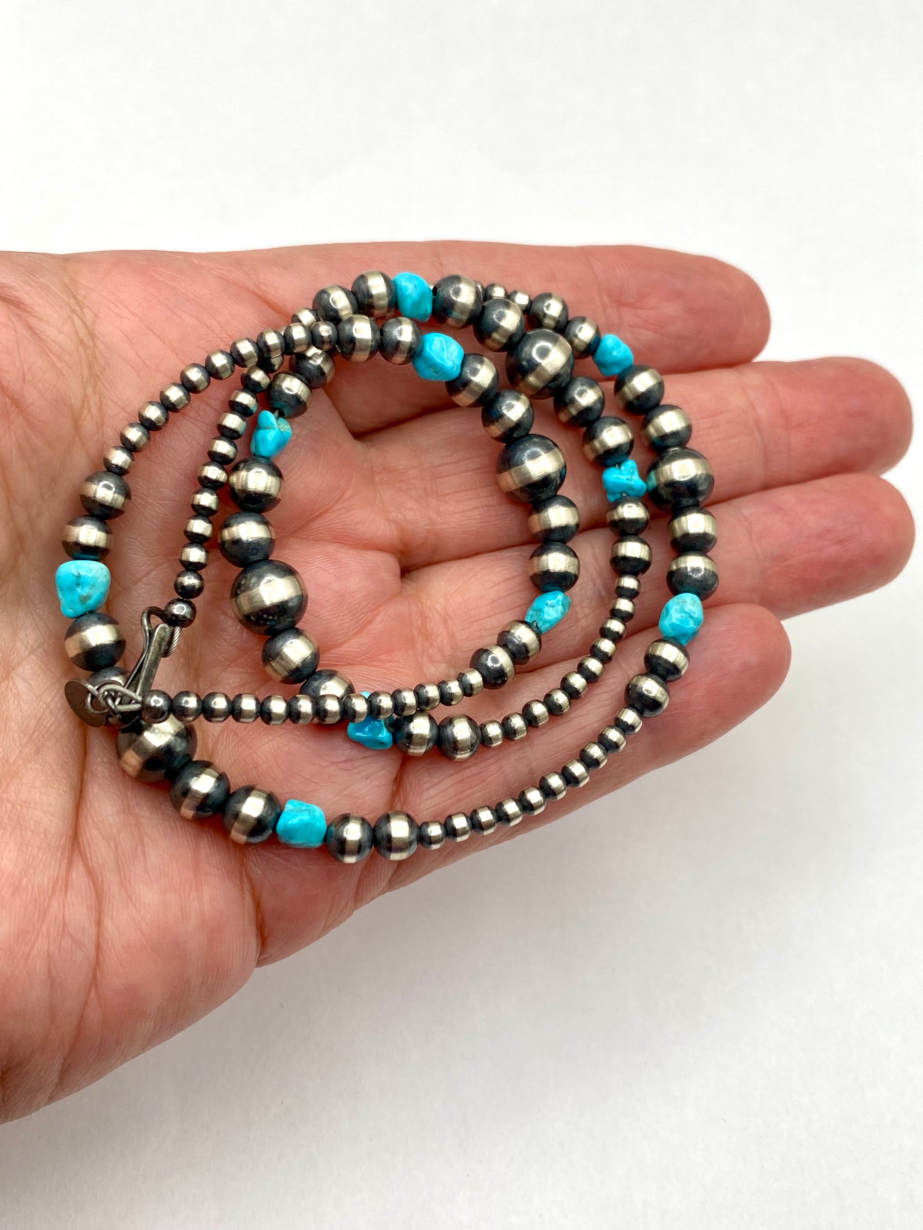 Graduated Sterling Bead Necklace Turquoise Nuggets 20" Native American New