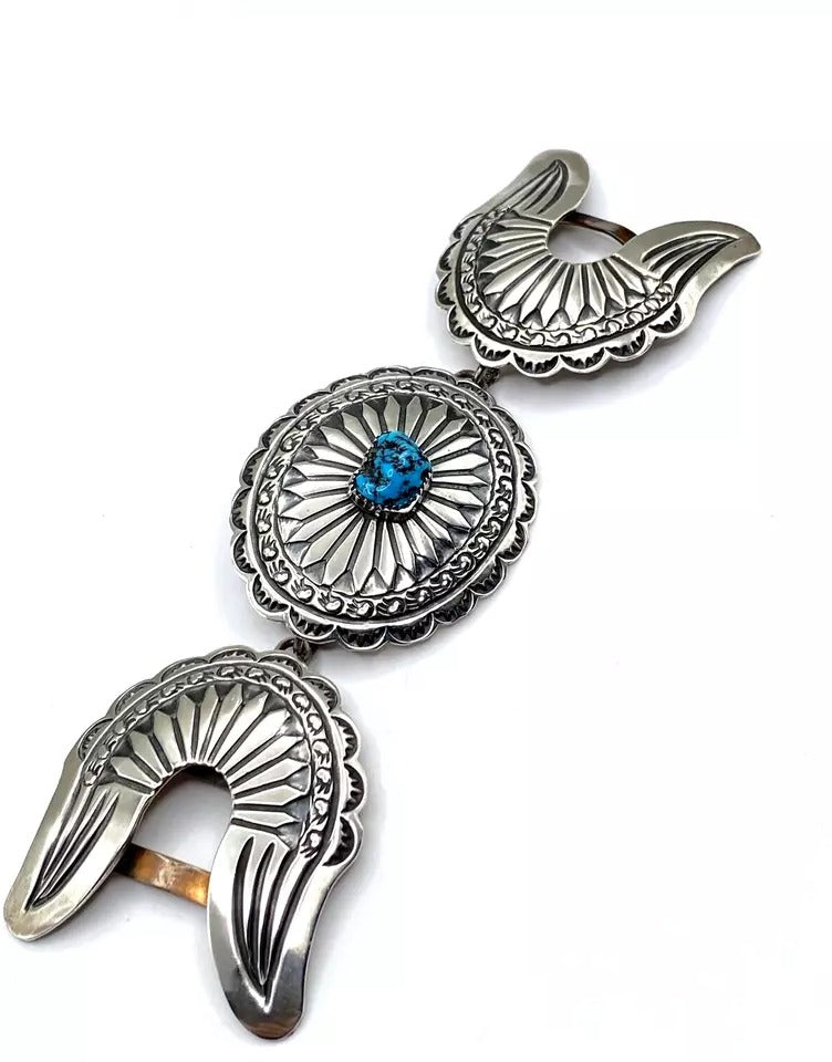 Vintage Retro 3 Piece Belt Buckle Set Sterling Silver Turquoise Navajo Signed