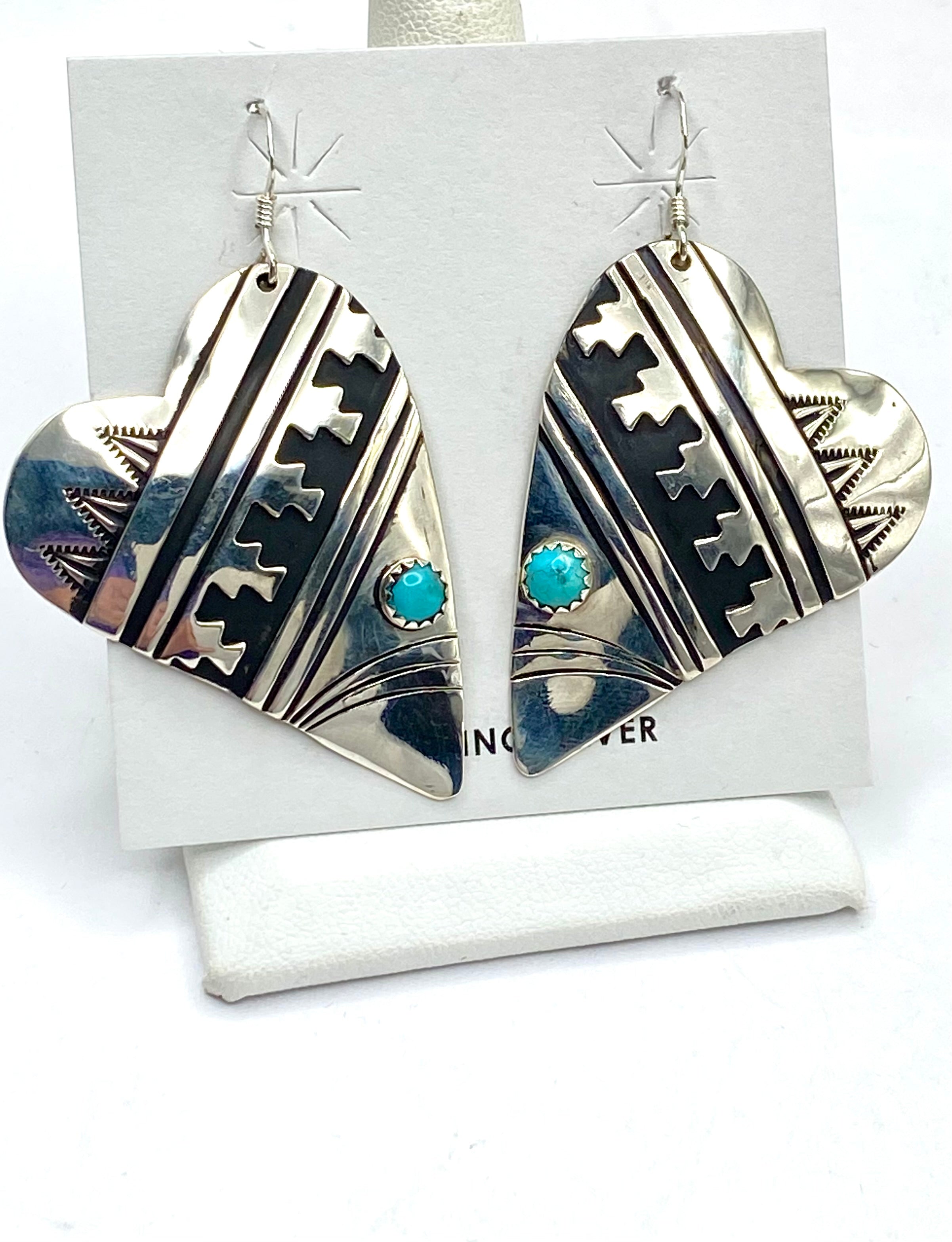 Sterling Overlay Heart Shaped Earrings Snake Eye Turquoise T&R Singer Navajo