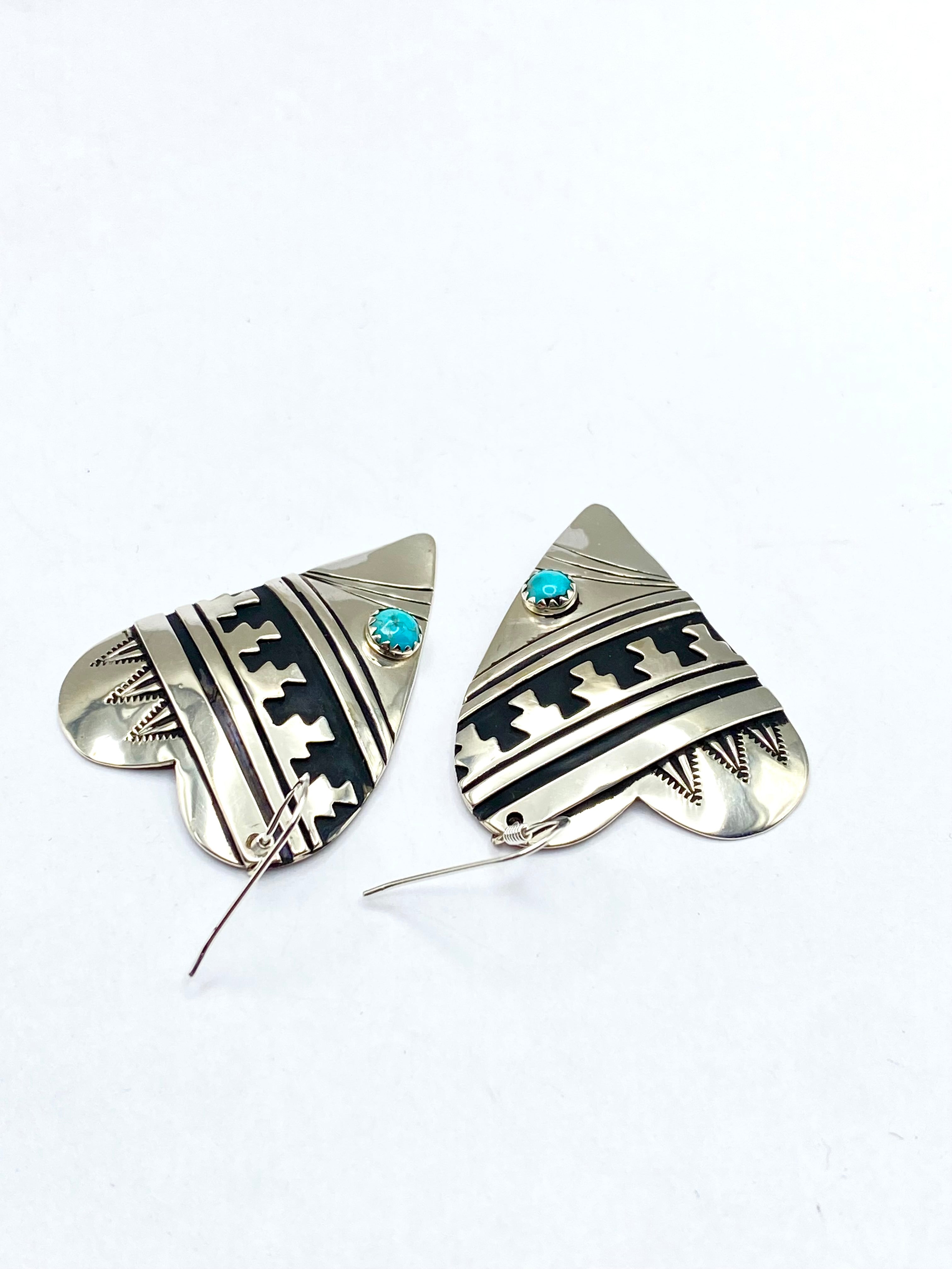 Sterling Overlay Heart Shaped Earrings Snake Eye Turquoise T&R Singer Navajo