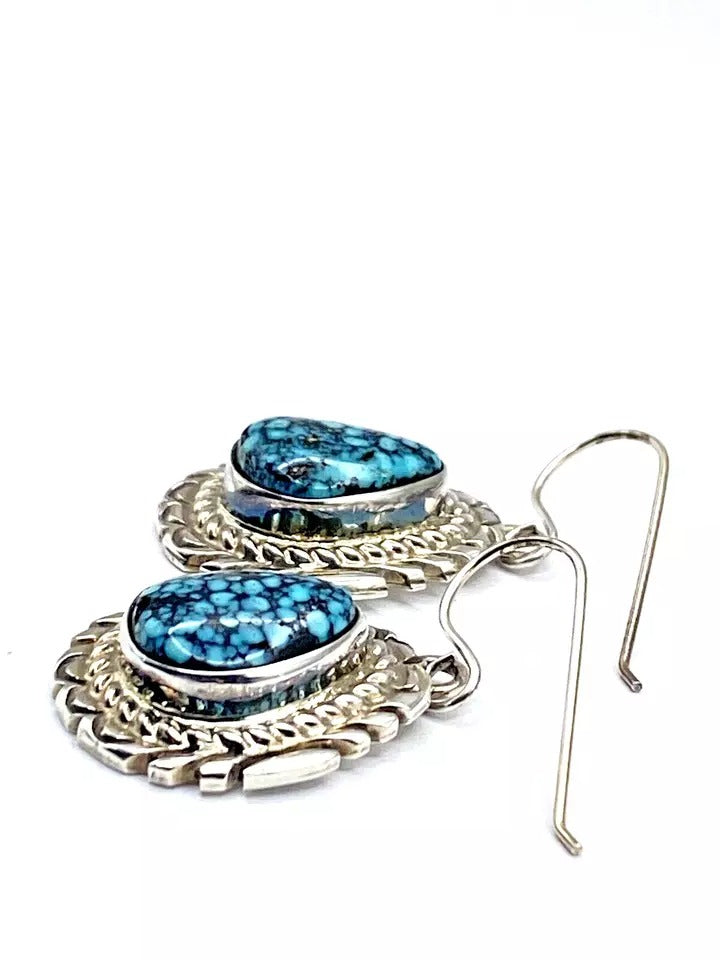 Kingman Spiderweb Turquoise Earrings Sterling Silver Navajo Thomas Francisco