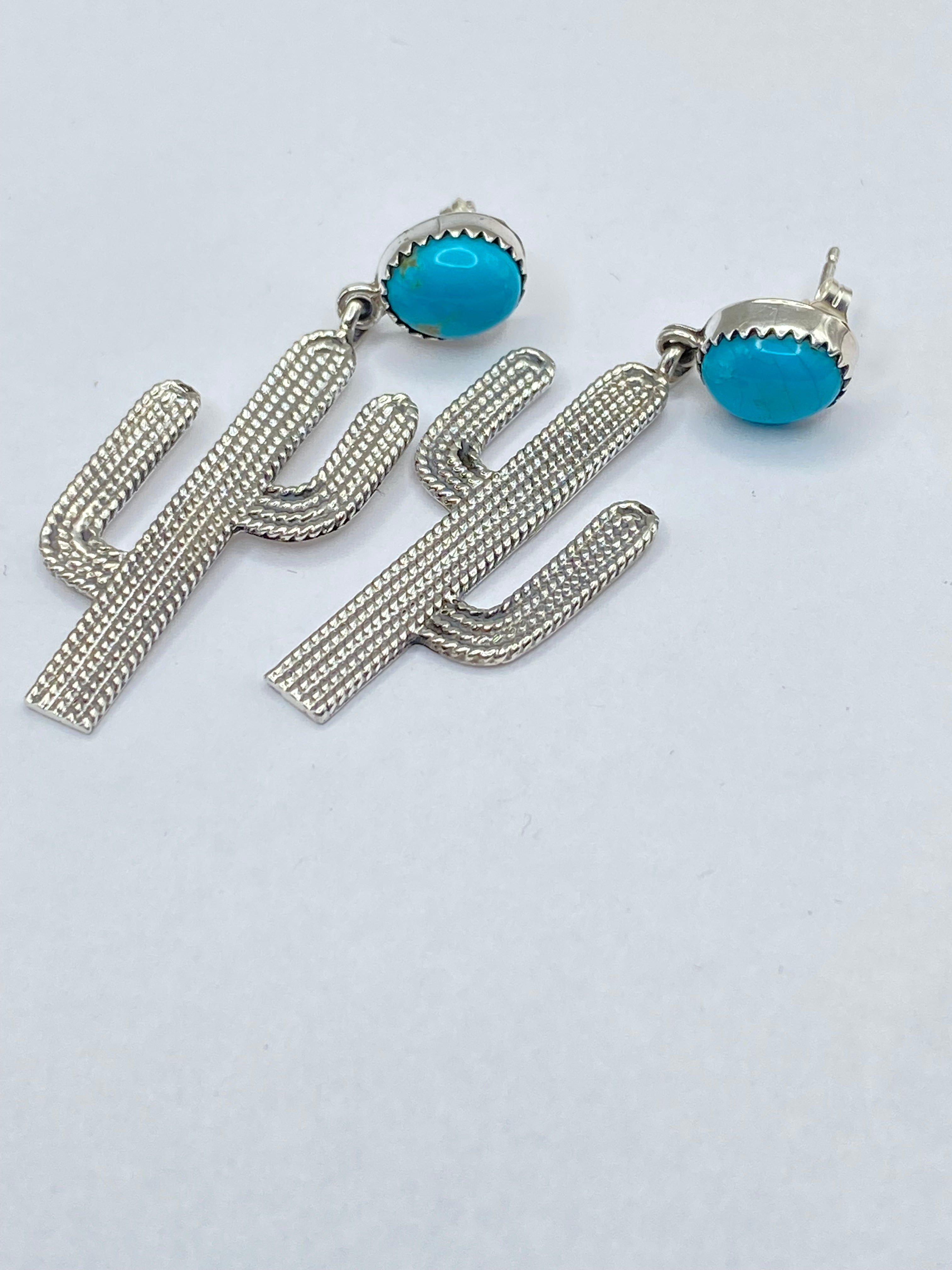 Sterling Saguaro Cactus Earrings Turquoise Textured Native American Signed